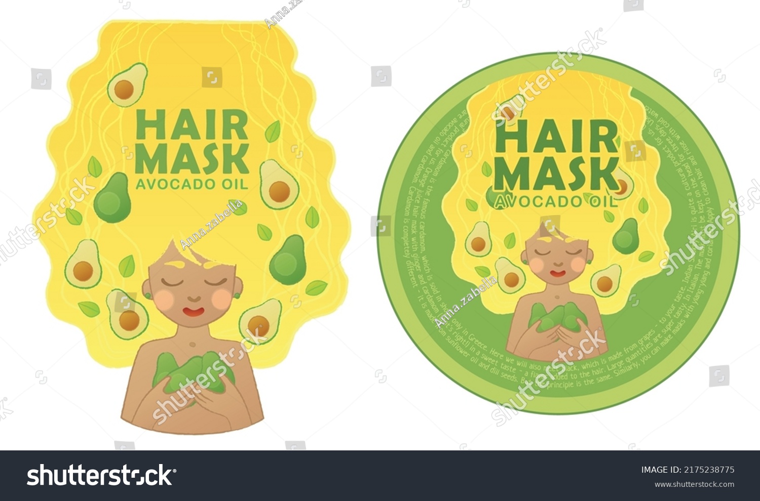Avocado hair product design  fruit treatment label vector illustration  hair mask with cute girl beauty product  natural conditioner template with curly cartoon woman image