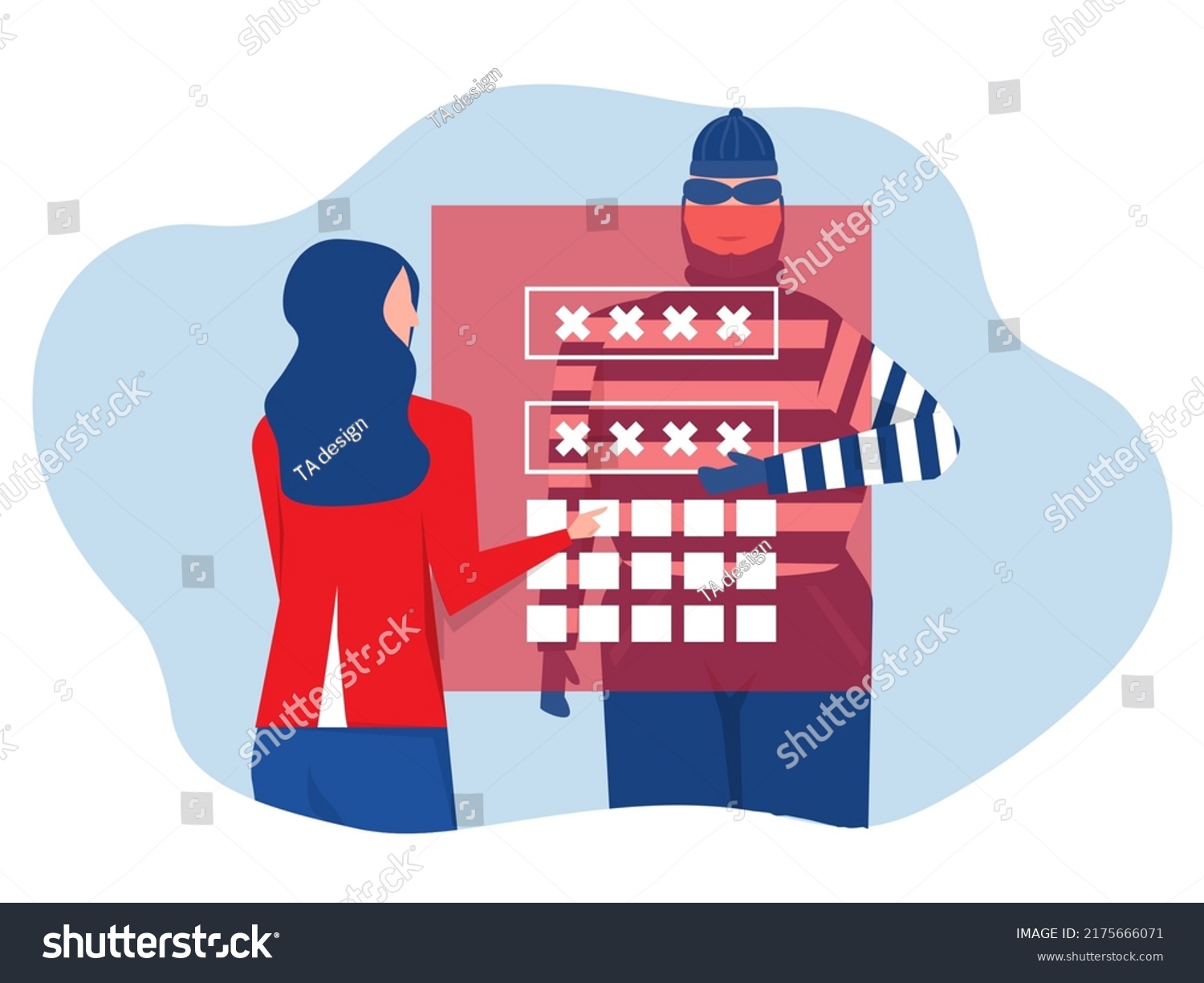 Hacker steal password  Digital money theft attack male client applications  get usernames and password. Phishing and bank fraud. Vector illustration.