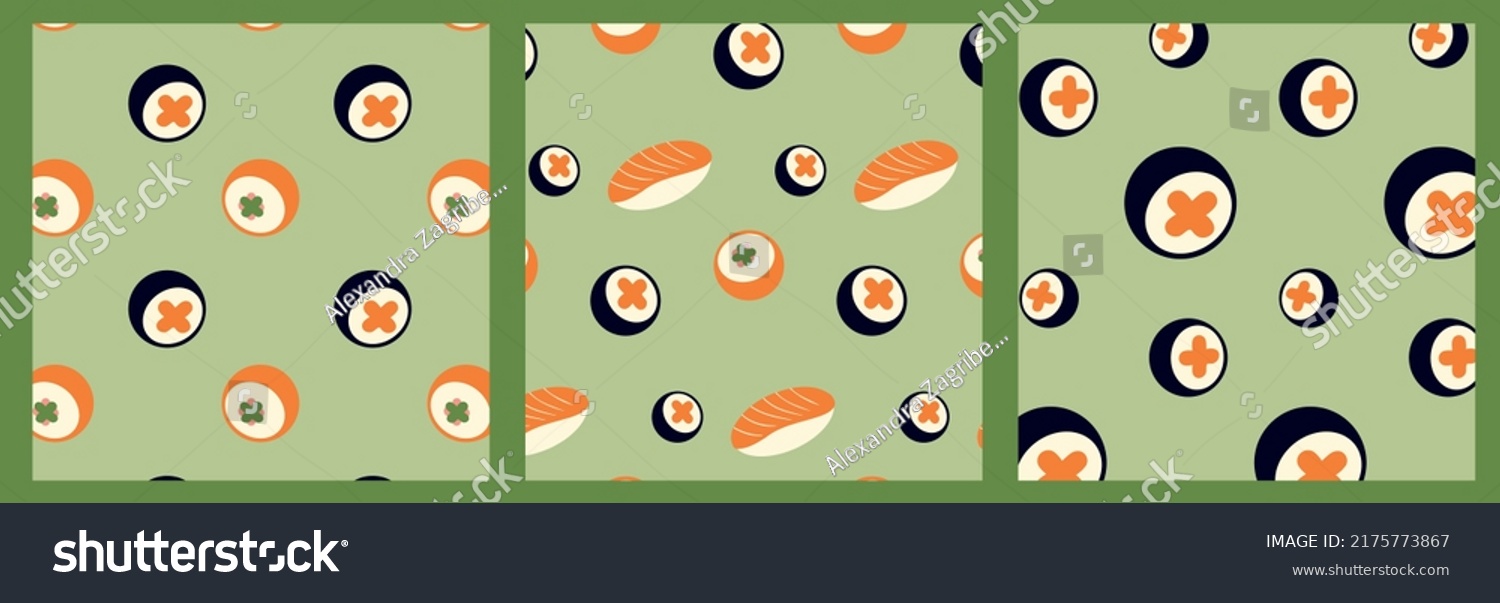 Sushi seamless pattern set  sushi rolls texture  japanese cuisine background  wallpapers  ornament. Flat vector illustration for wrapping paper  packaging  fabric  cover design of tuna  salmon rolls