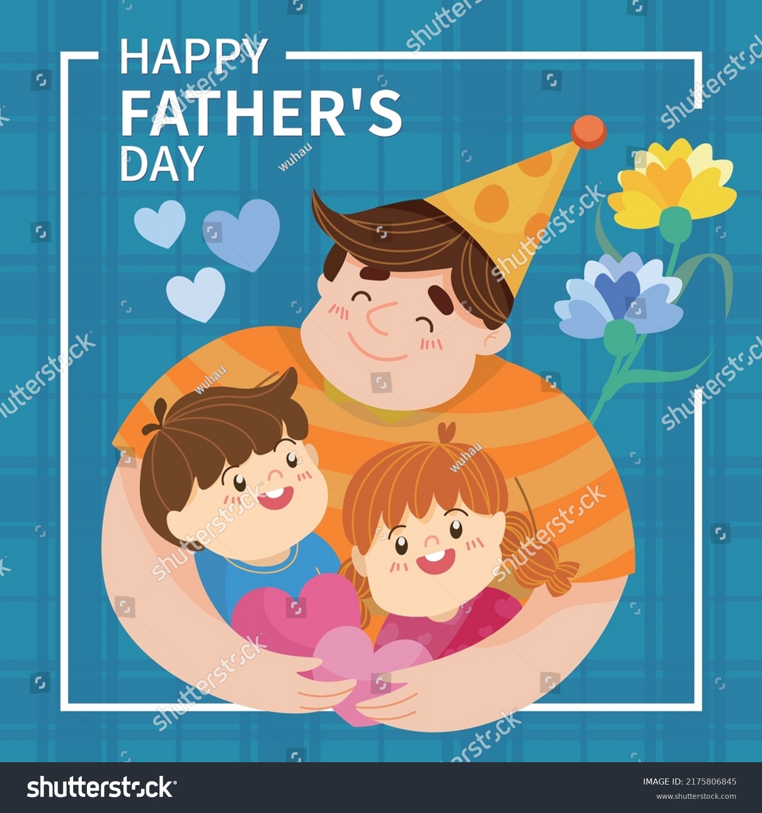 Happy family illustration.  Father's Day Concept. Son And Daughter Hugging Their father. Father happily holds his children in heart shape background.