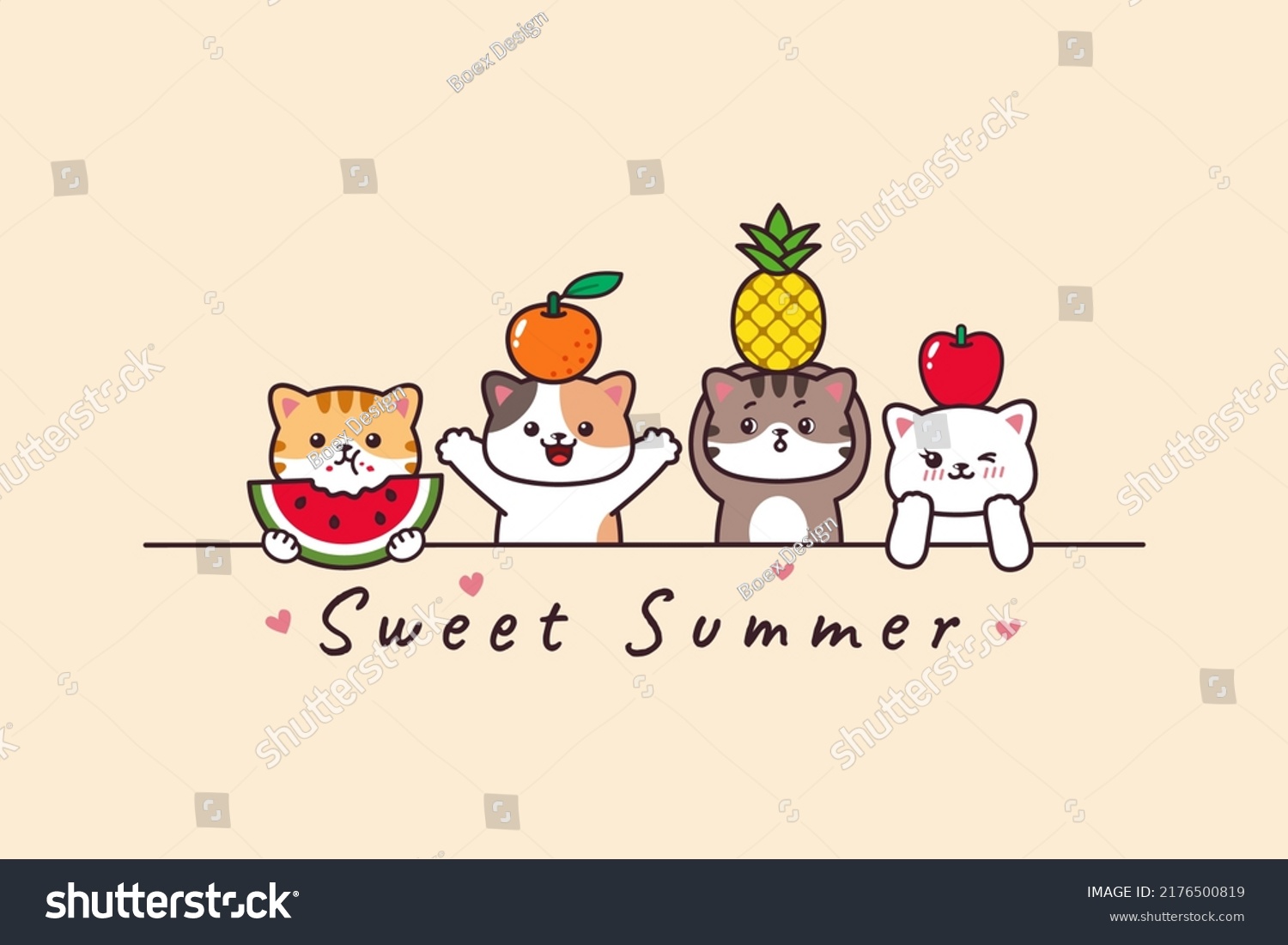 Cute Cat Cartoon Drawing with Orange  Pineaplle  Apple Watermelon Fruits Summer Banner Background