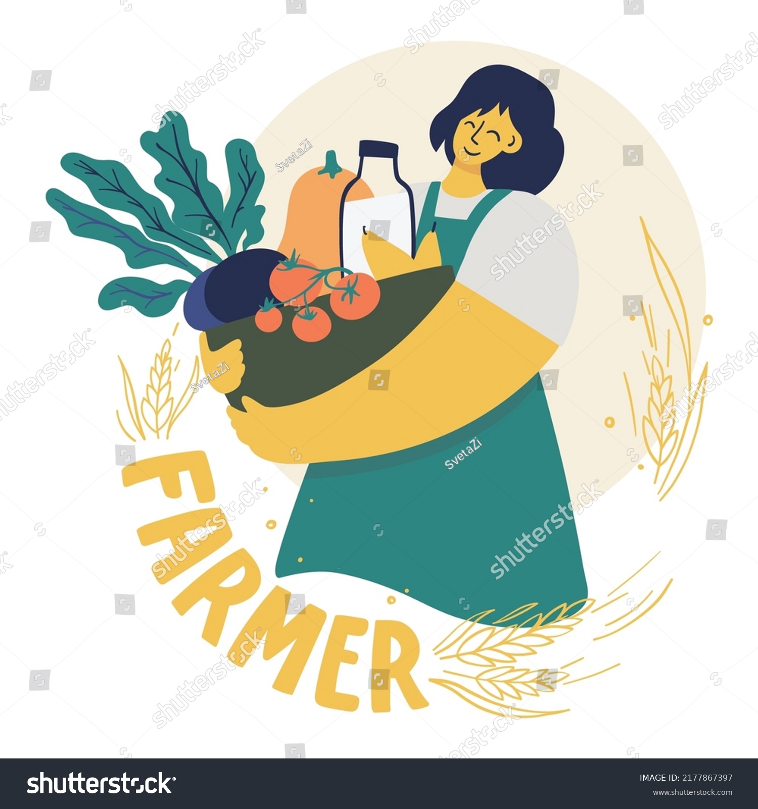 Portrait of a woman who holds a basket with local products in her hands: fruits  vegetables  milk. Farmer  farm products. For poster  label  packaging and more