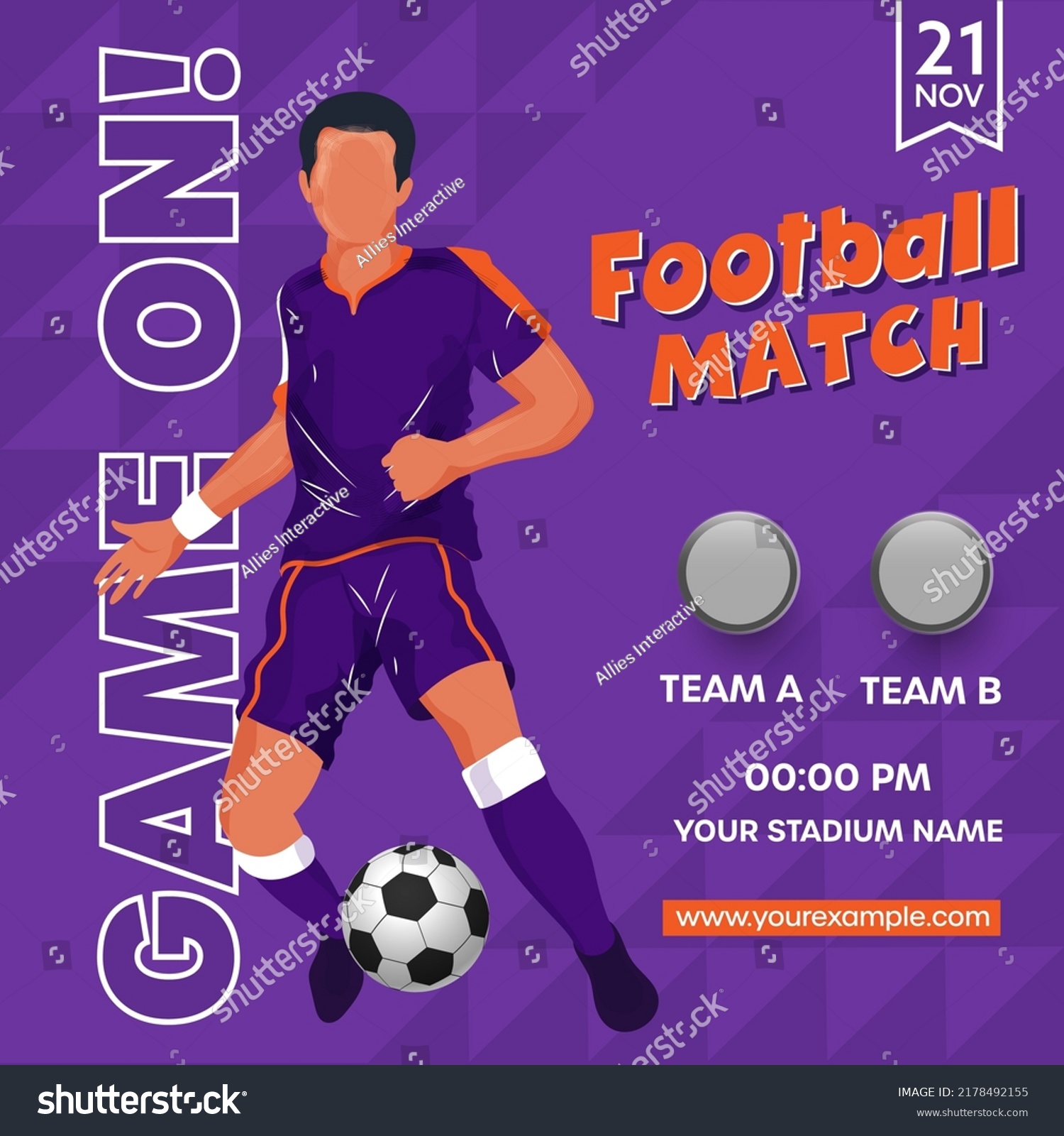 Football Match Game On! Font With Faceless Footballer Player Kicking Ball On Purple Geometric Pattern Background.