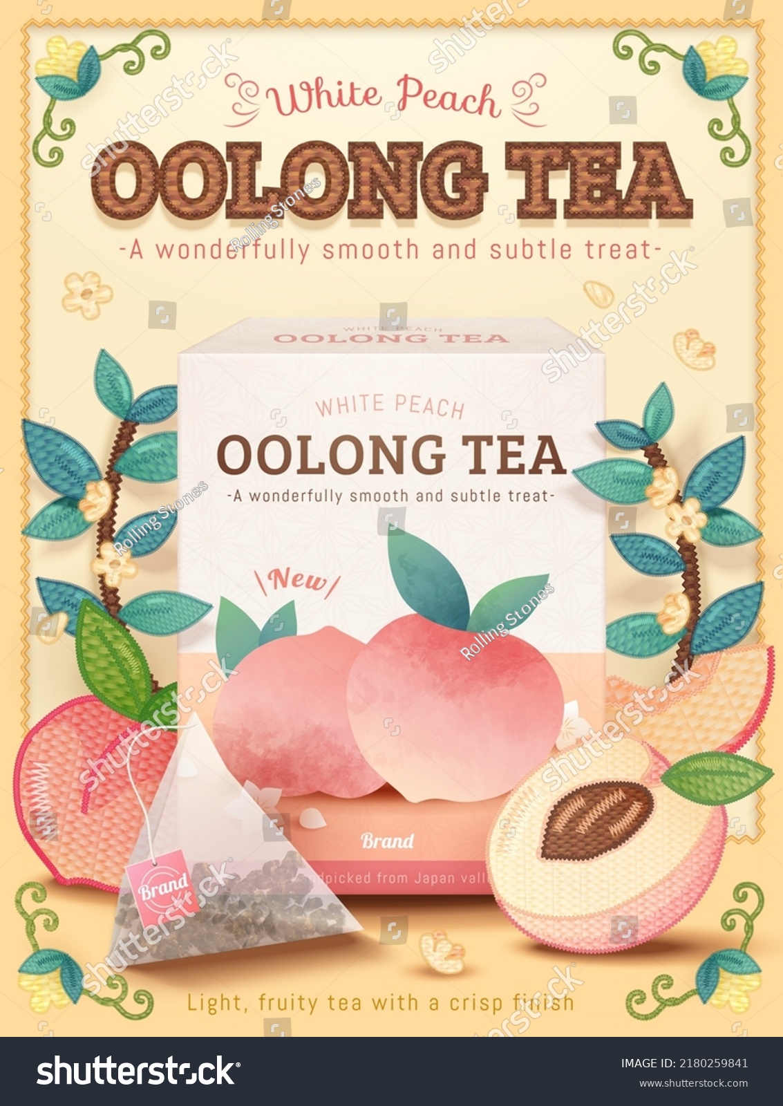 White peach oolong tea ad template. Illustrated oolong tea package and tea bag with embroidery patches. Vintage style plant border