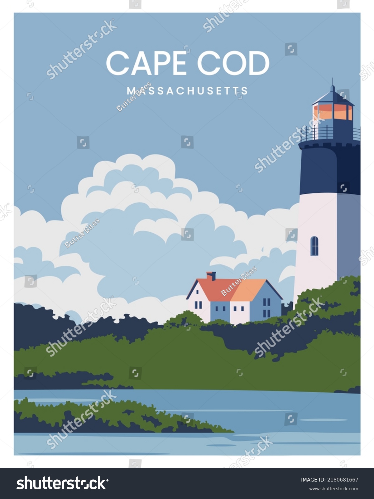 cape cod massachusetts with Lighthouse poster illustration. vector with minimalist style for postcard  art print  background.