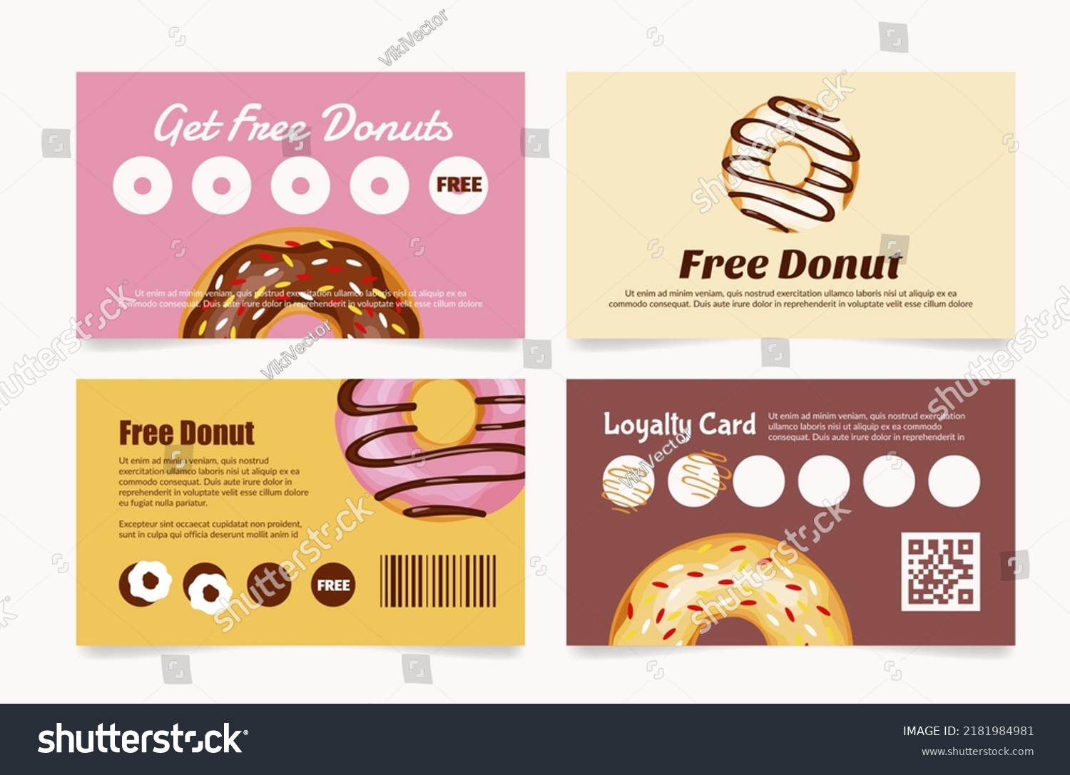 Donuts loyalty card set voucher sticker collect for free sale discount promo vector illustration. Doughnut sweet delicious menu icing bun glazed sugar ring candy cafe business marketing strategy flyer