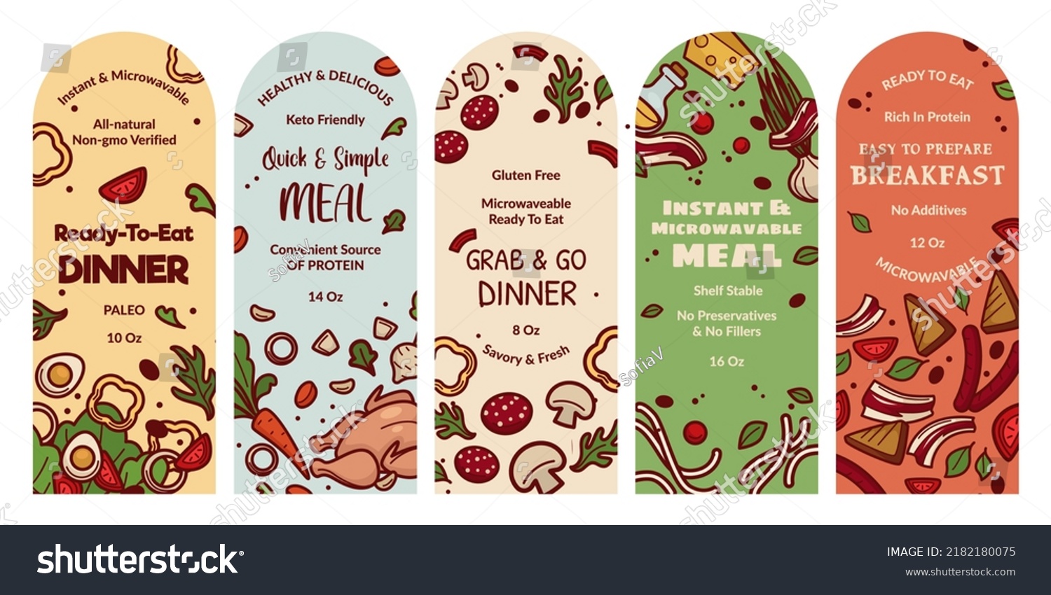 Packaging label design for ready to eat dinner. Natural quick  simple meal  instant and microwavable product tag  vector illustration. Template emblem with flat ingredient  keto friendly dinner