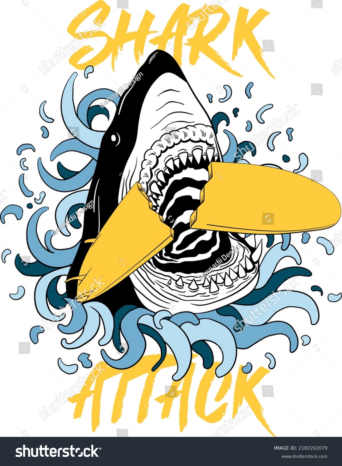 Shark biting the surfboard. Vector illustration for tshirt prints  posters and other uses.