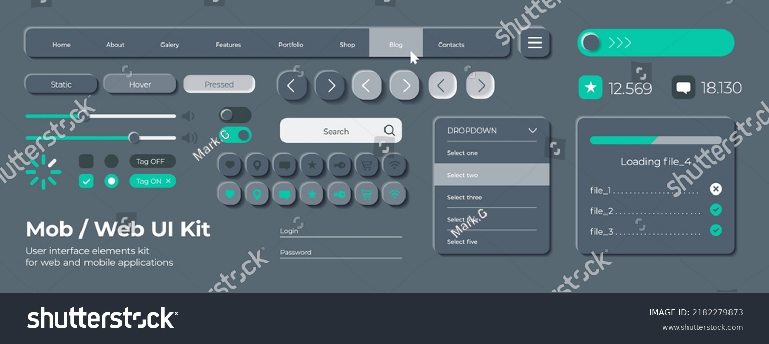 Dark theme user interface elements for mobile app. Unique neumorphic ui ux design kit. Manage  navigation  menu  login form and components.