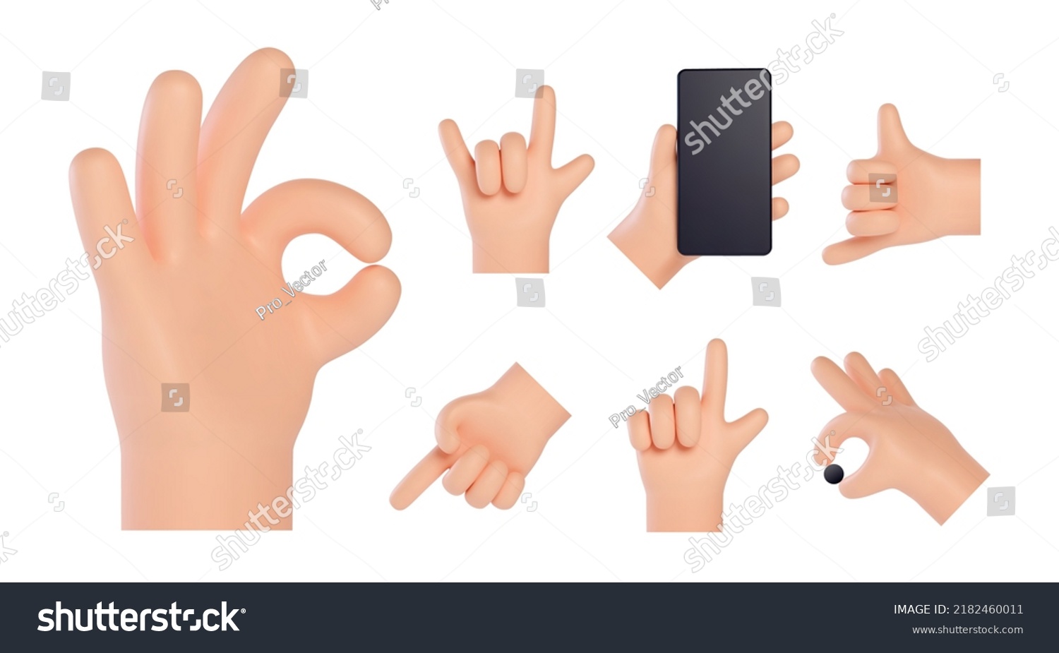Set with hands showing different gestures. High quality 3D hands gestures. Friendly funny cartoon style isolated on white background.