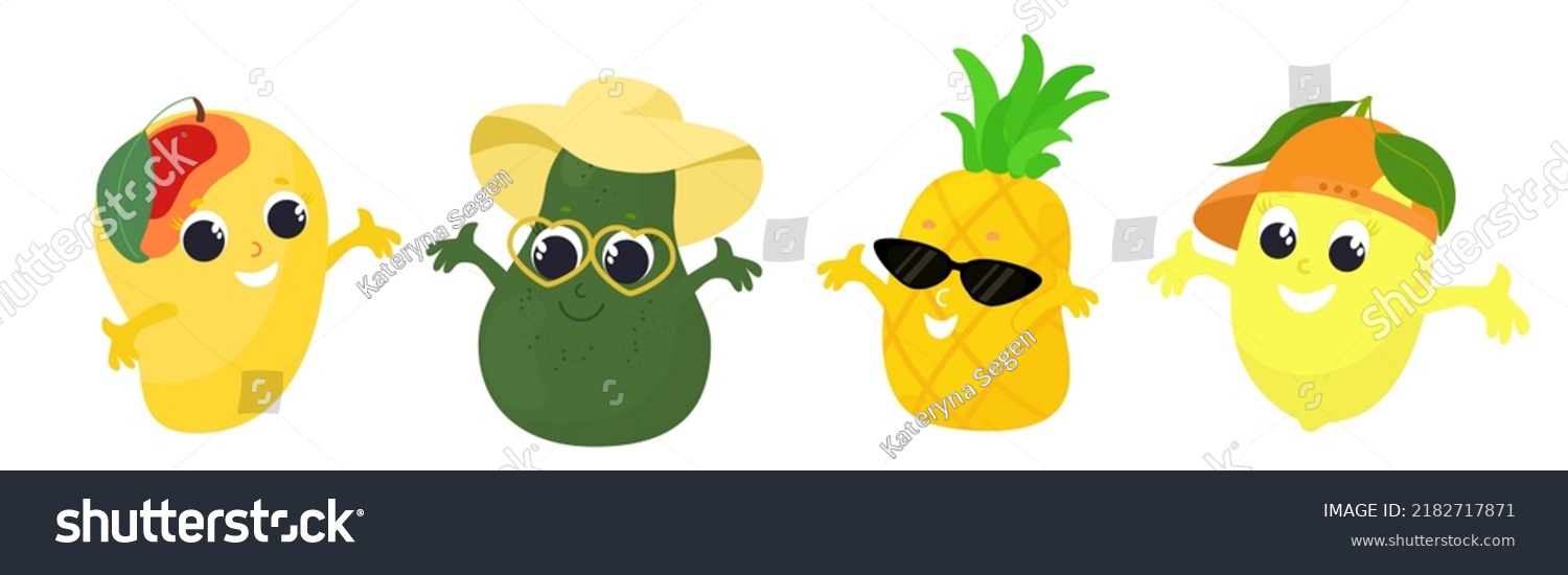 Avocado  mango  lemon and pineapple in cartoon style. Fruit has a face and eyes. Character design for baby food  packaging  for fruit puree or juice or baby gel and shampoo.