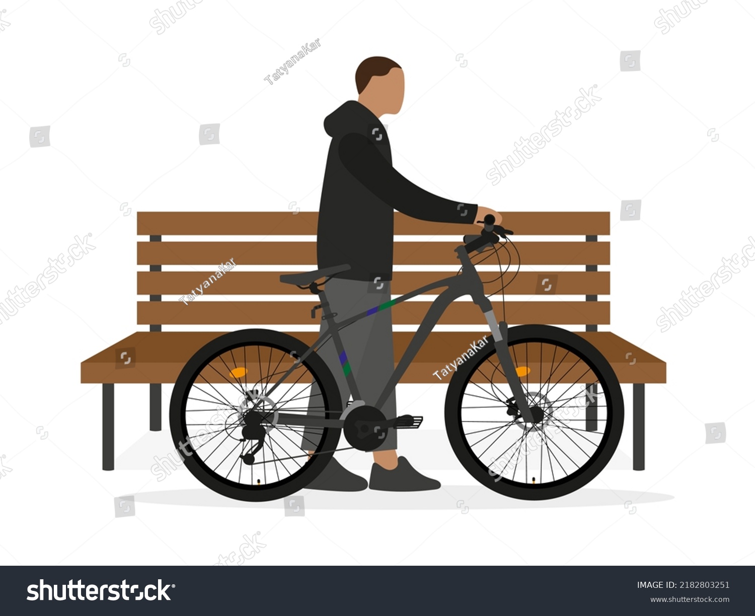 Male character with bike standing next to a wooden bench on white background