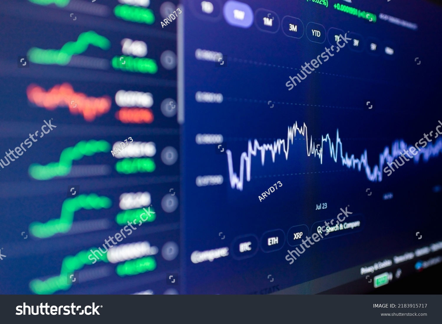 Stock market upwards chart on the screen. Selective focus.Low angle.