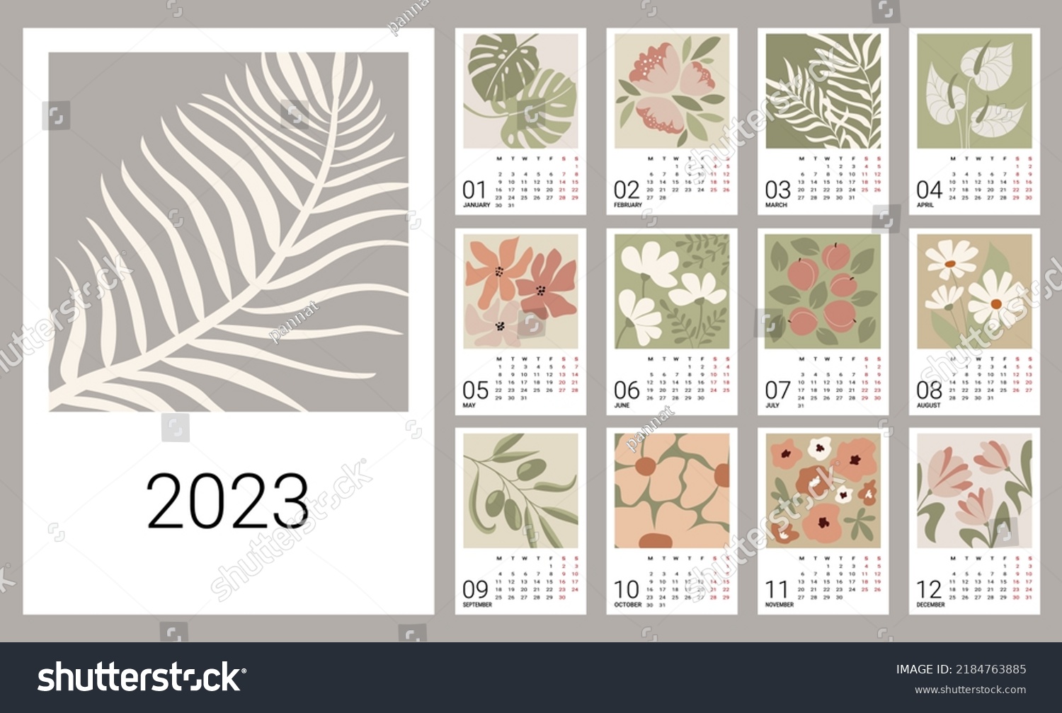 Calendar template for 2023. Vertical design with abstract flowers and plants. Editable vector illustration  set of 12 months with a cover. The week starts on Monday.
