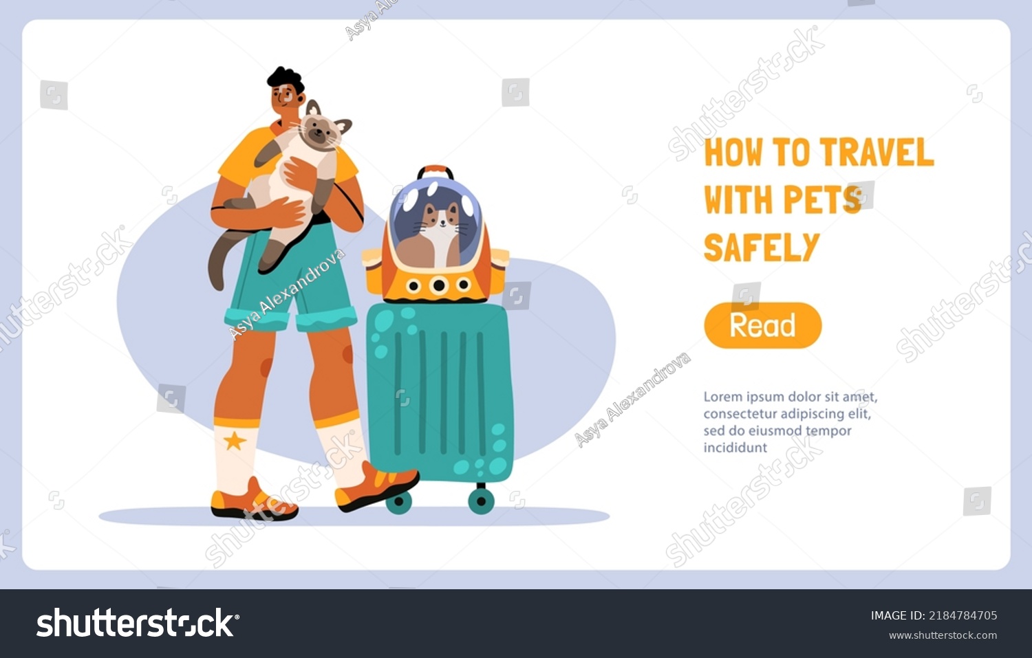 Travelling guy with a cat  luggage and pet carrier. Travelling with pets landing page or banner concept. Design for your website. Place for text. Tourism day. Hand drawn flat vector 