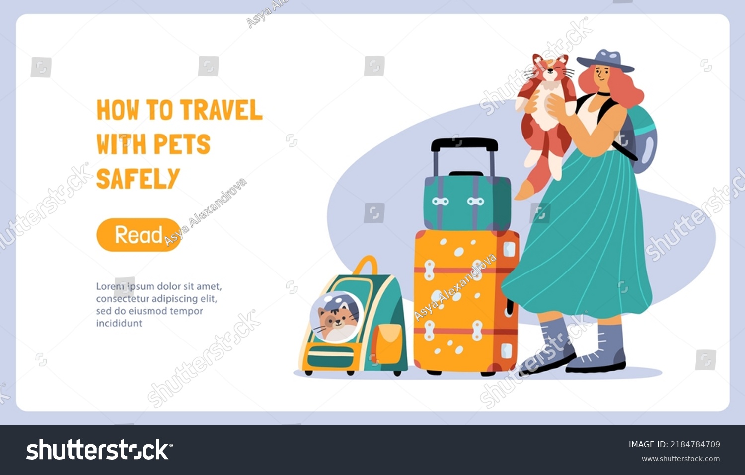 Travelling girl with a cat; luggage and pet carrier. Travelling with pets landing page or banner concept. Design for your website. Place for text. Tourism day. Hand drawn flat vector 