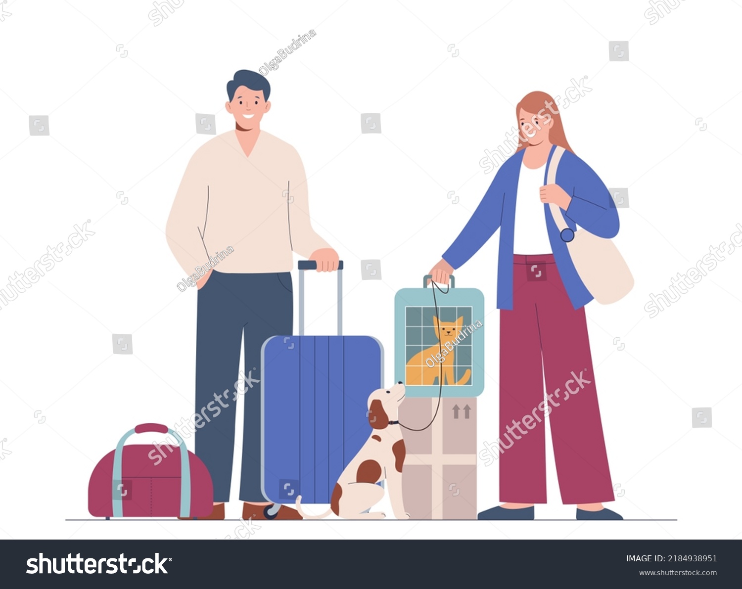 Man and woman goes on trip with pets. The concept of travelling with pets cat and dog. Flat design vector illustration