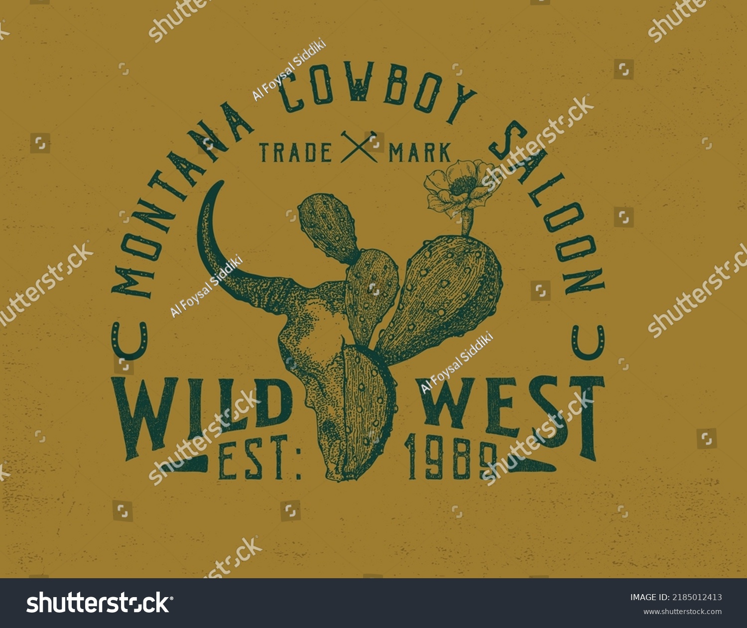 western cowboy vintage typography design with bull skull and cactus illustration