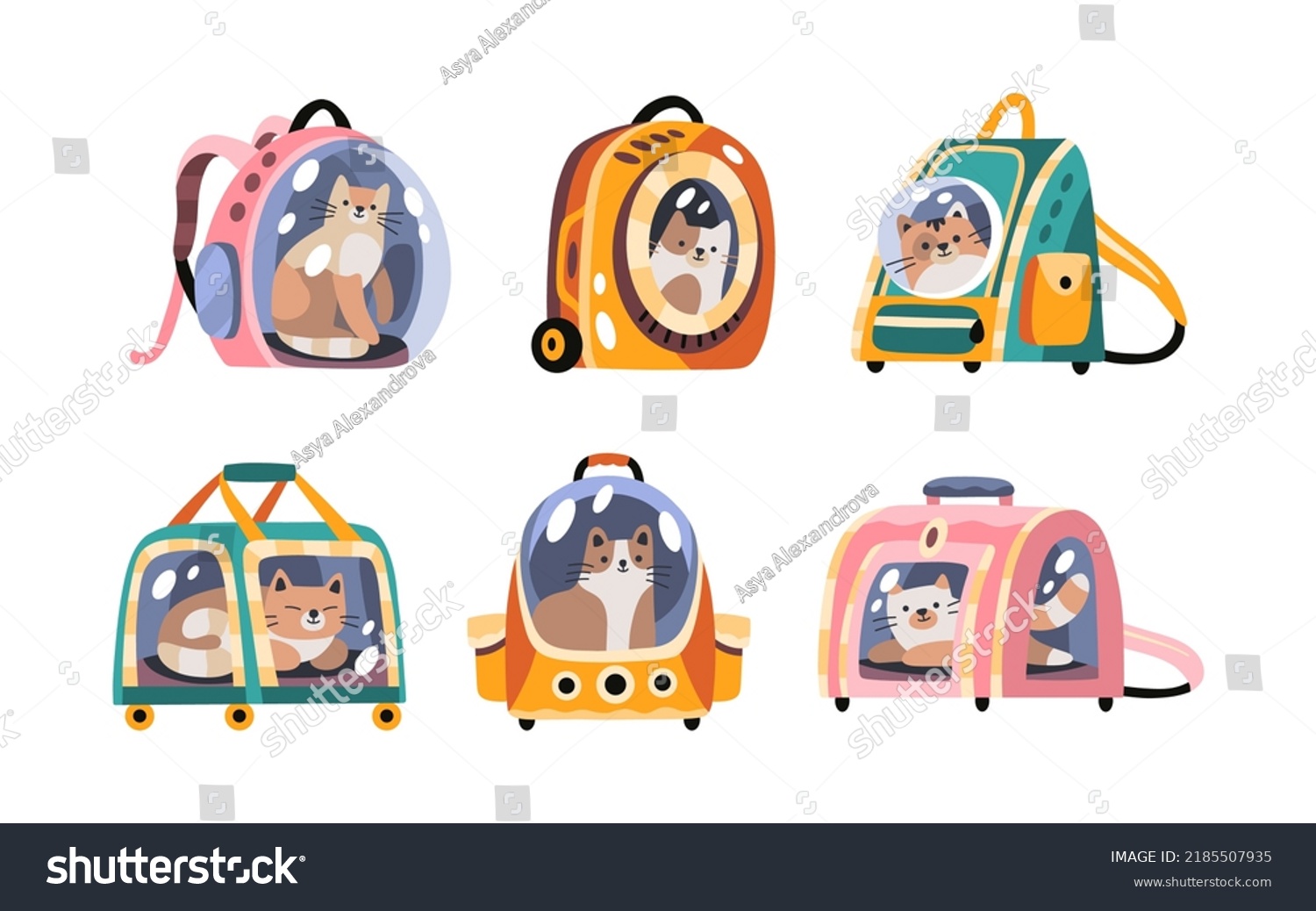 Set of cute cats in pet carriages. Travel with animals. Collection of flat hand drawn cartoon vector illustrations for stickers  web  cards  ads  social media. Expressive pet characters. Cat day. 