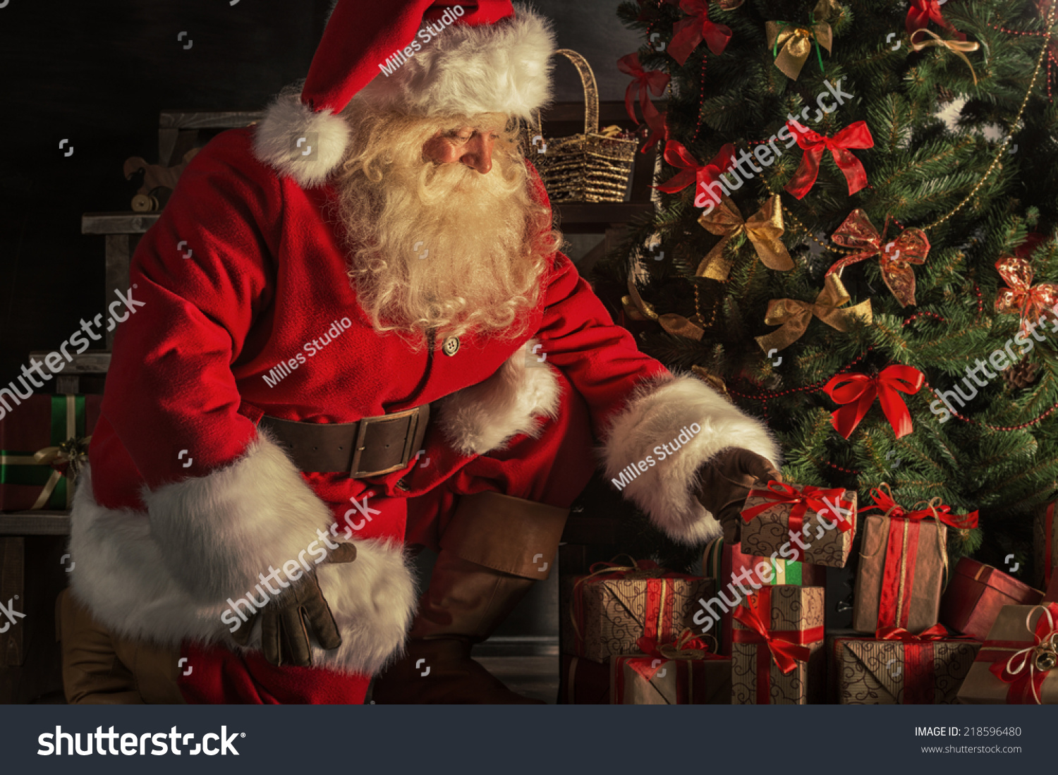 Santa Claus brought gifts for Christmas. Santa is placing gift boxes under Christmas tree