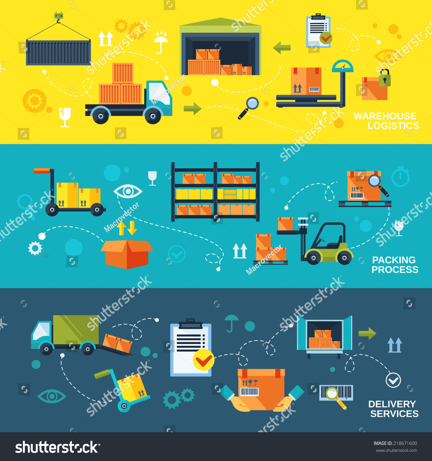 Warehouse flat banners set of logistics packing process delivery services isolated vector illustration