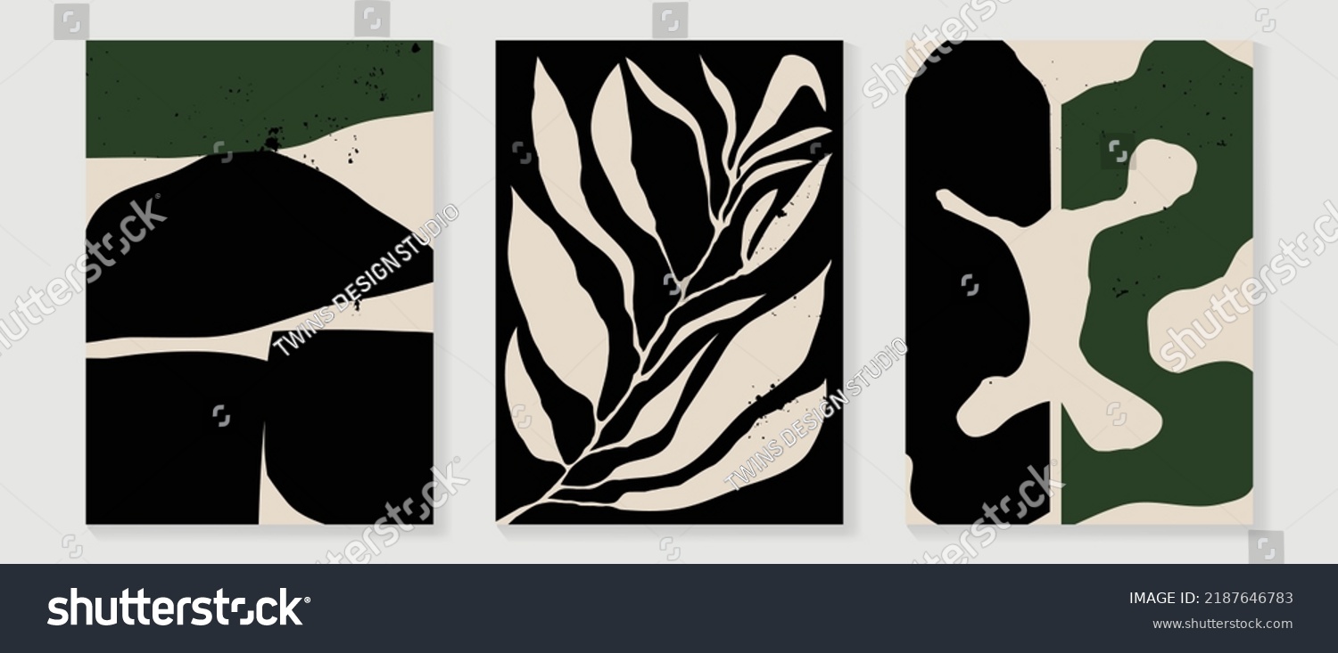 Set of abstract wall art vector background. Wall decor design with organic shapes  monochrome  black  white color. Abstract painting for wall decoration  interior  prints  cover  and postcard.