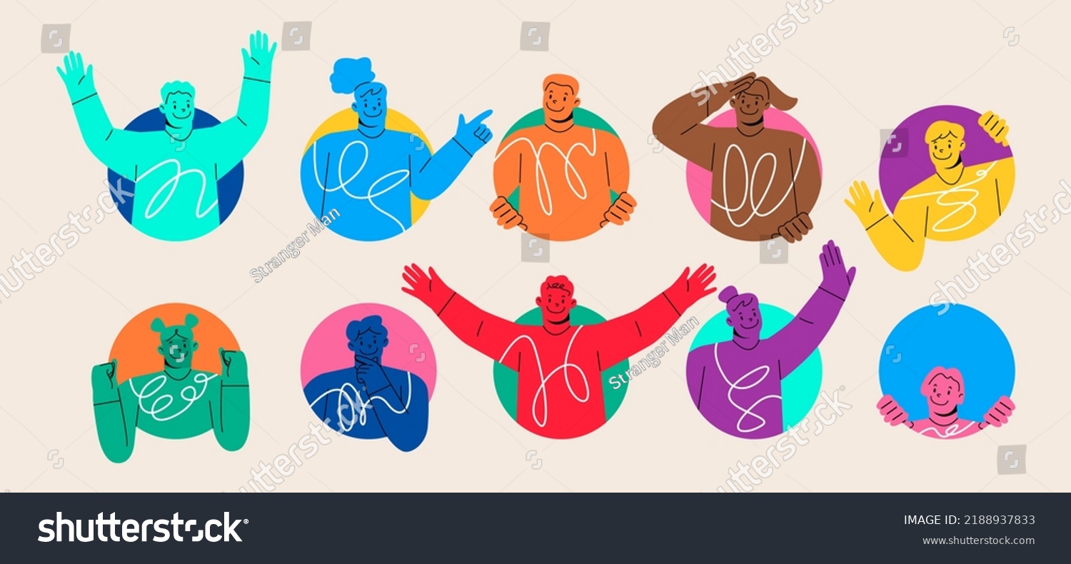 People doing various gestures in a circular frame. Men and women looking out of circle window. Colorful vector illustration
