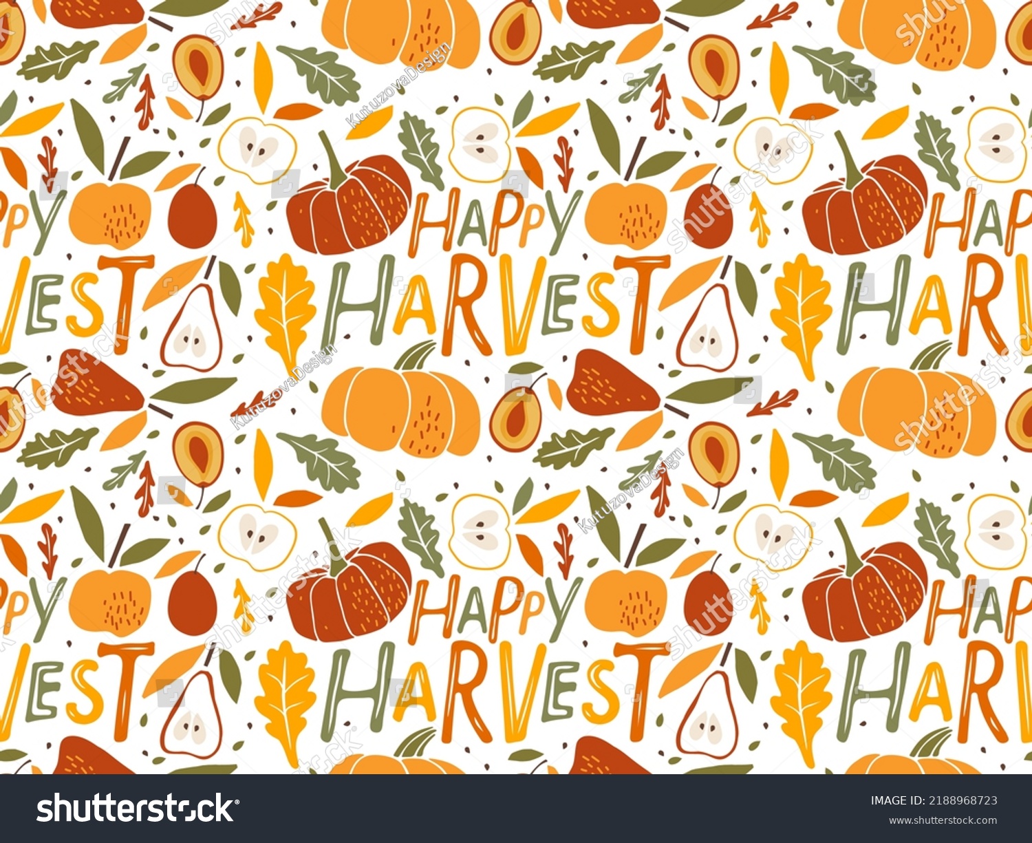 Happy Harvest seamless pattern. Hand drawn lettering with apple pear ...