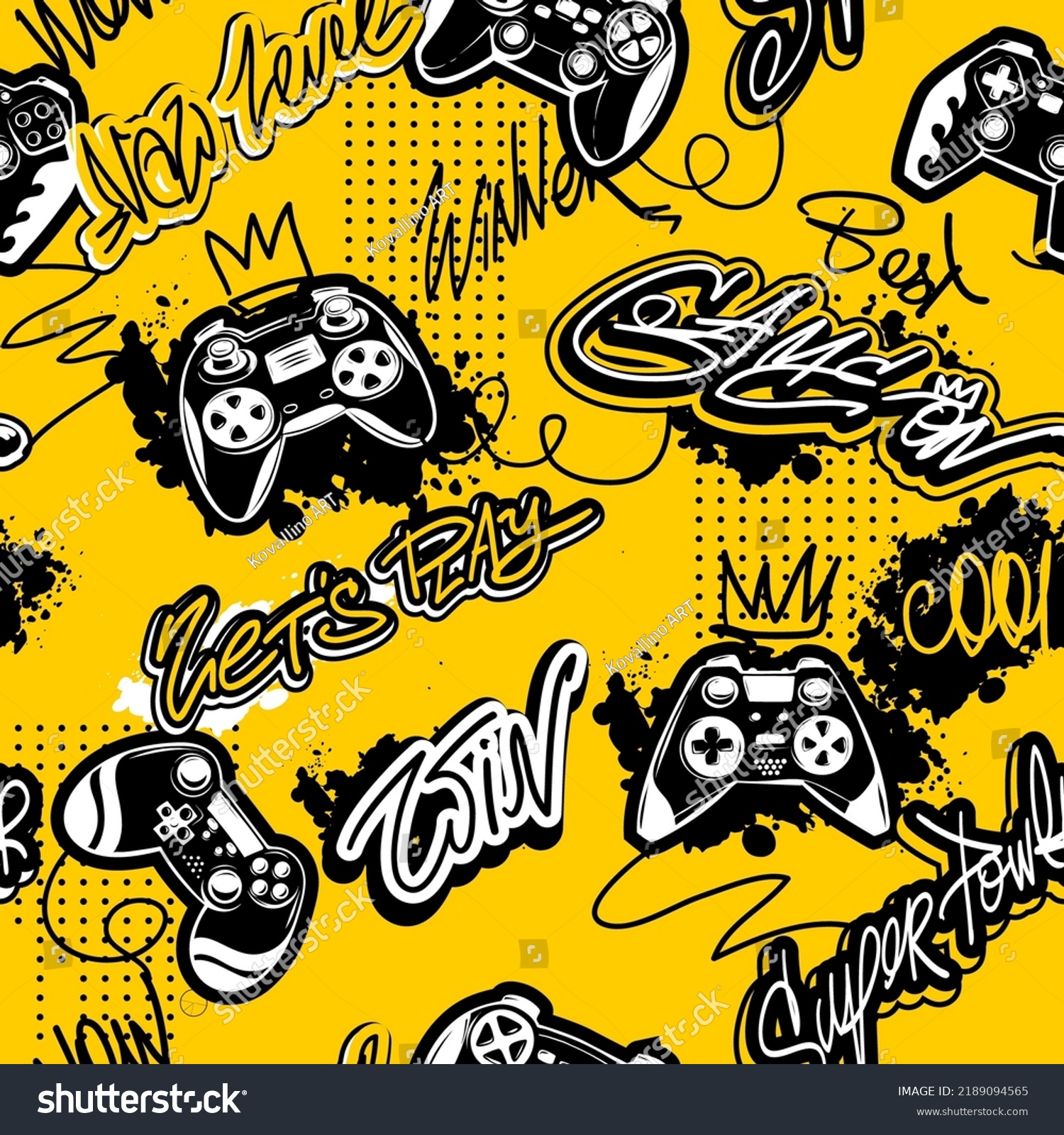 Abstract seamless gamepads pattern. Game pads repeat print on graffiti yellow endless background. Street art style Text Game on  let's Play. Gaming repeated wallpaper for boy clothes  sport textile