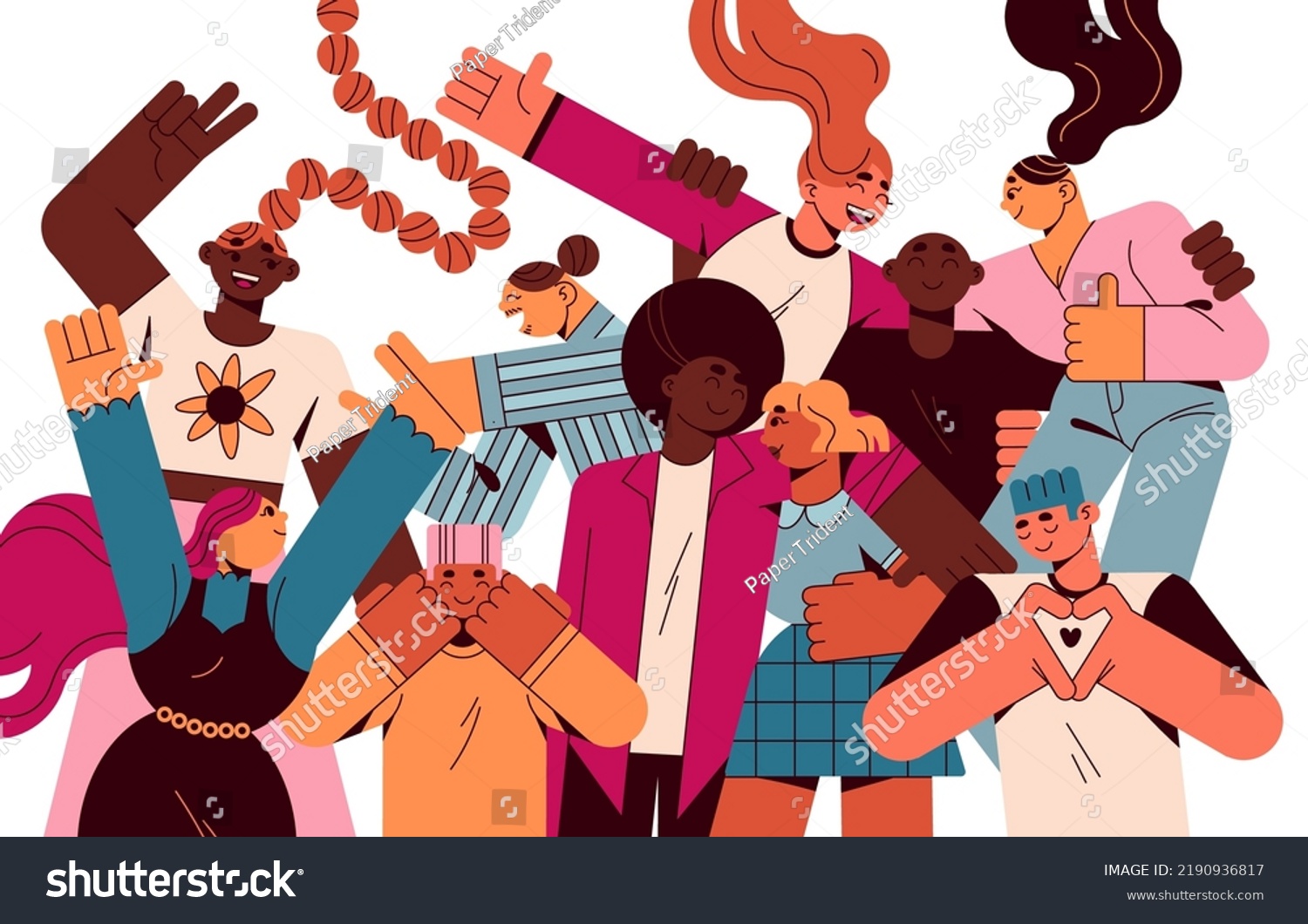 Happy diverse community with different men  women characters. Group of multiethnic young people smiling  supporting  loving. Youth team portrait. Flat vector illustration isolated on white