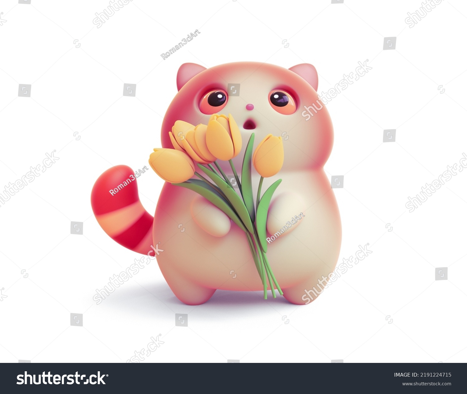 Kawaii cute fat red cat with open mouth  orange eyes  striped tail holding bouquet of yellow tulips in its paws congratulates you on March 8. Hello spring holiday. 3d render isolated on white backdrop