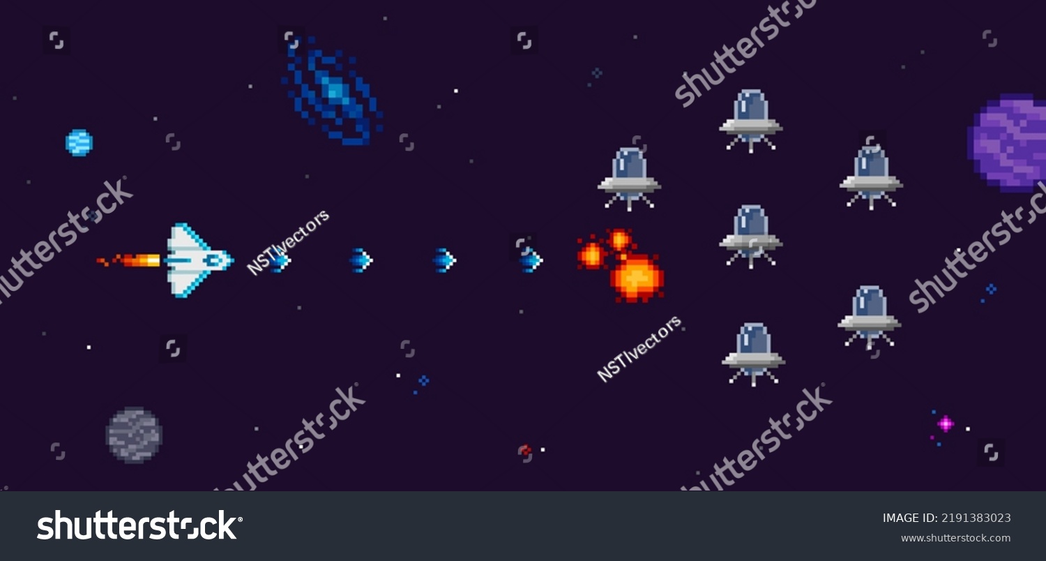 8-bit pixel game concept in pixel art style. Retro 8 bit computer game. Pixelated Space arcade elements template vector illustration
