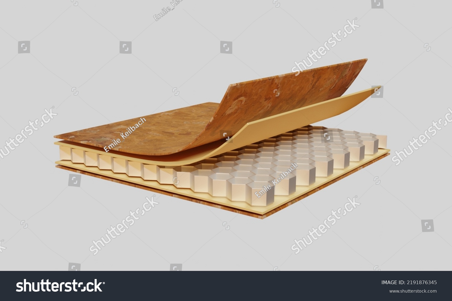 Marble coated aluminum honeycomb panel in tan onyx with white granite flecks. Layers of gluing of an integral product. 3d rendering.
