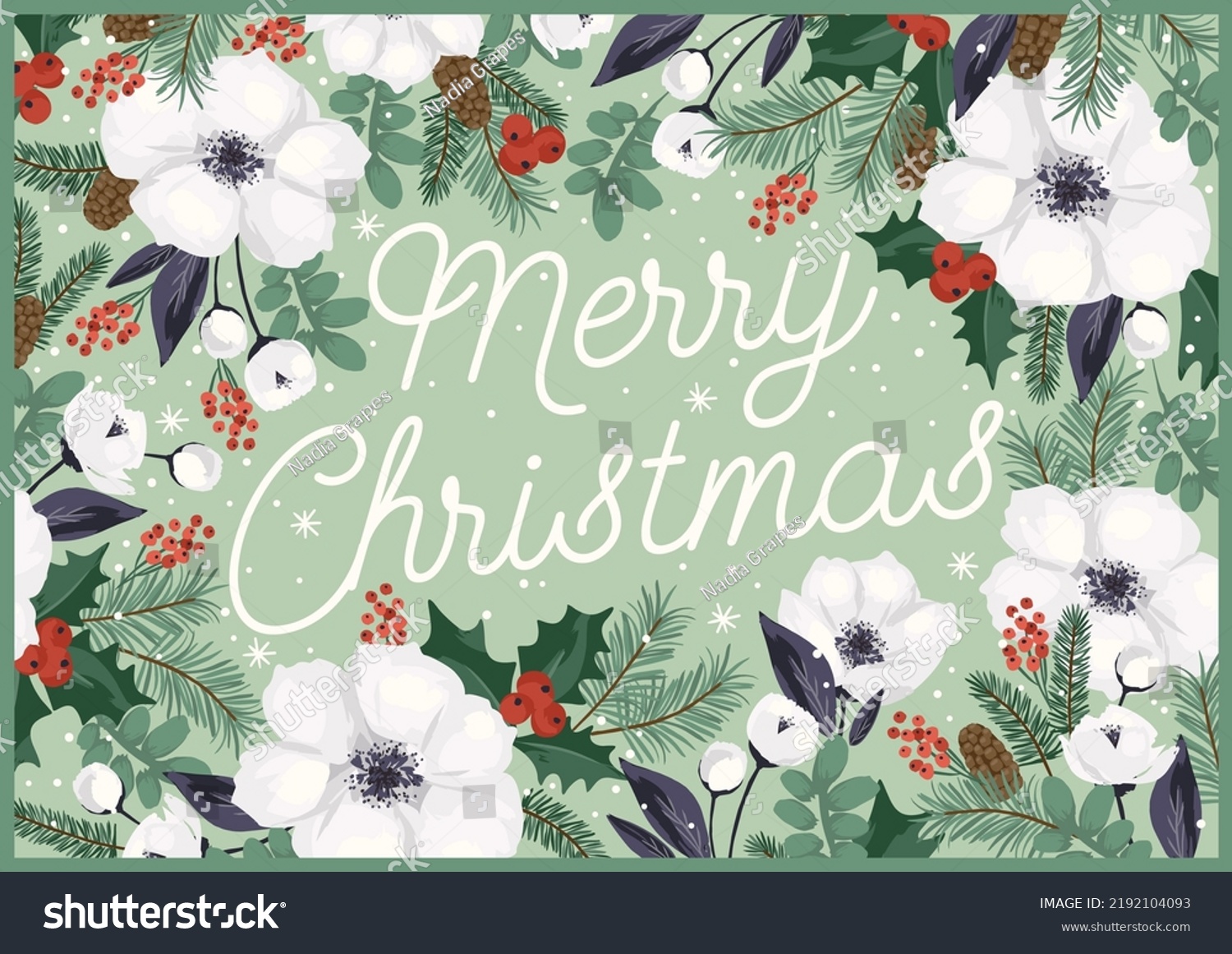 Christmas and Happy New Year illustration with Christmas tree and flowers. Trendy retro style. Vector design template.