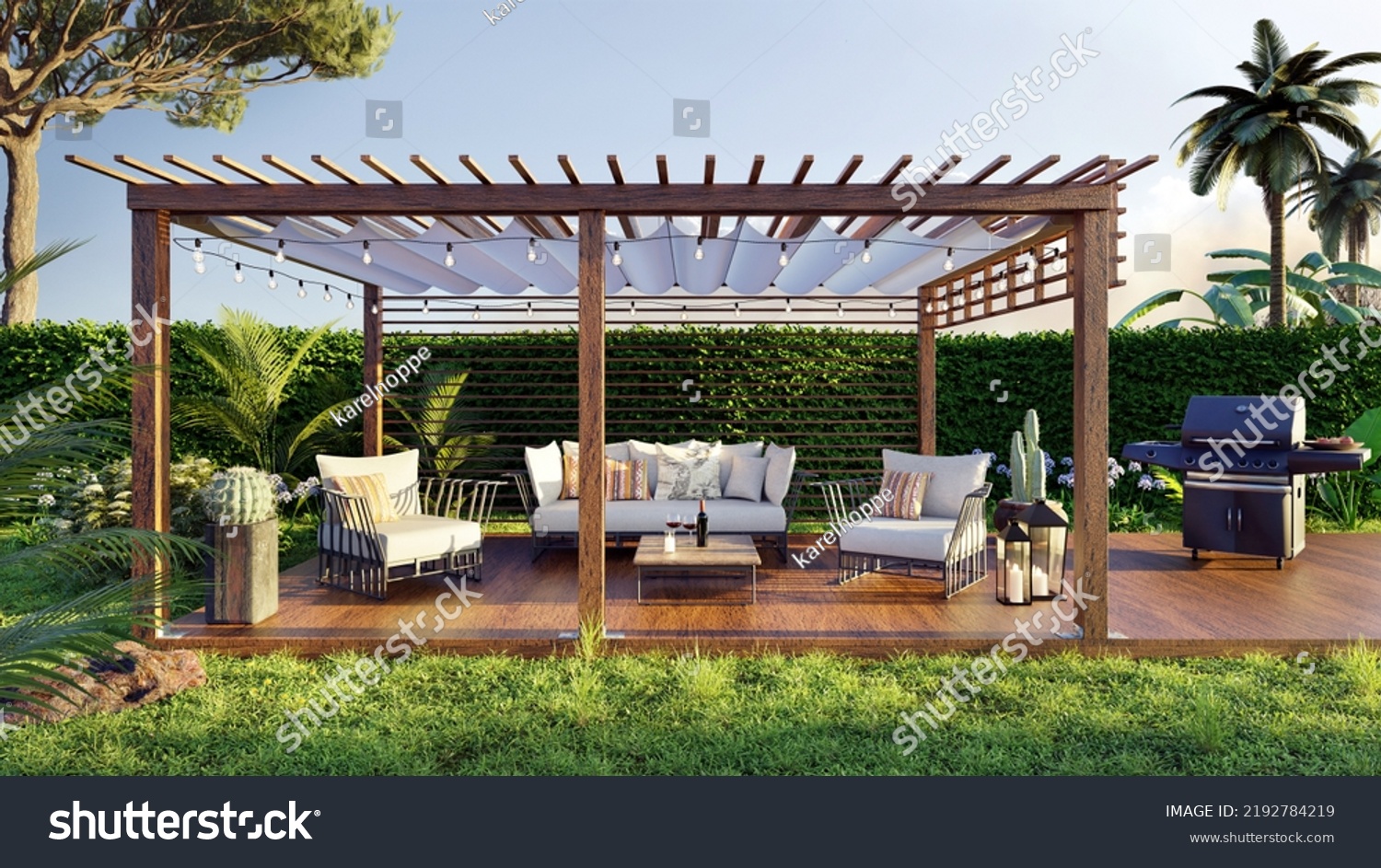 3D illustration of a luxury wooden teak deck with BBQ grill and decor