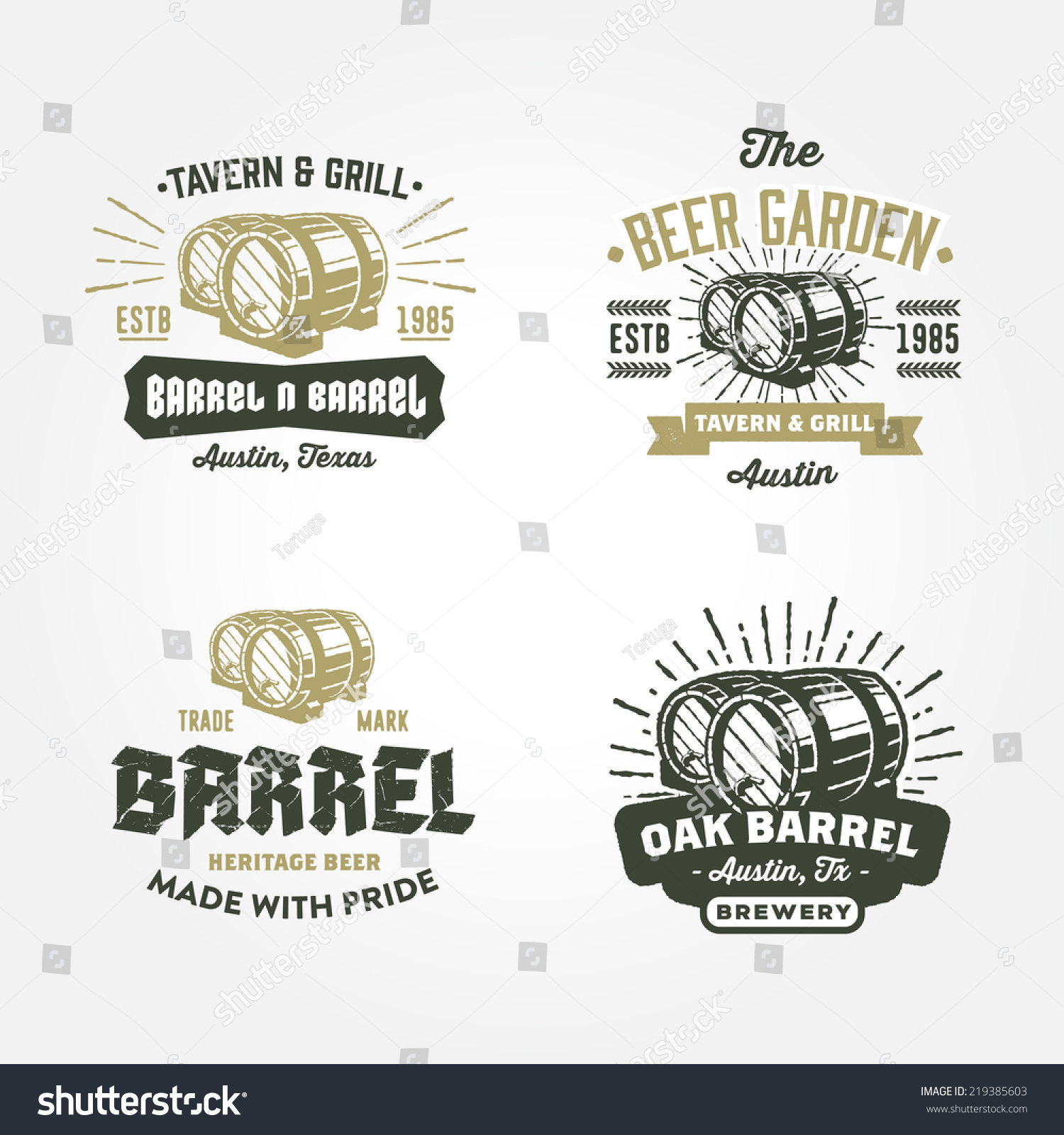 Set of vintage badge  label  logo template designs with wooden barrels for beer house  bar  pub  brewing company  brewery  tavern  restaurant  winery  wine whiskey market 