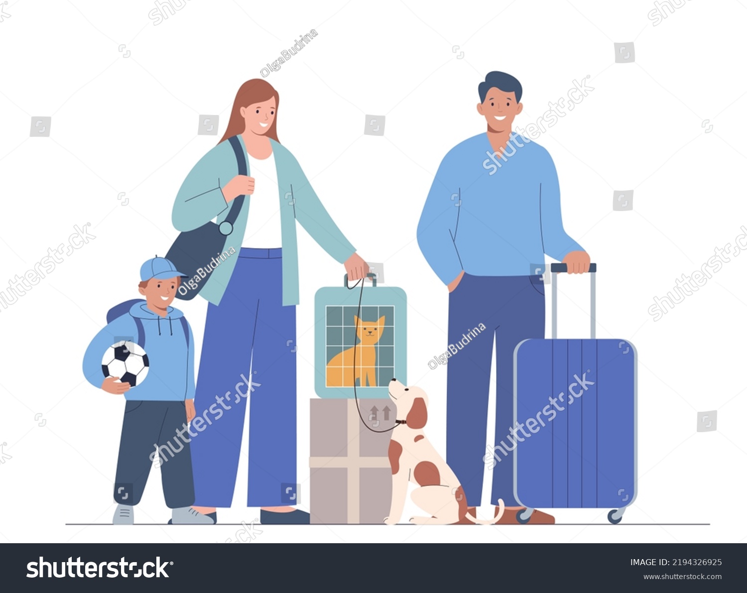 Family goes on vacation. Mother  father  child  cat and dog travel together. Concept of traveling with pets.