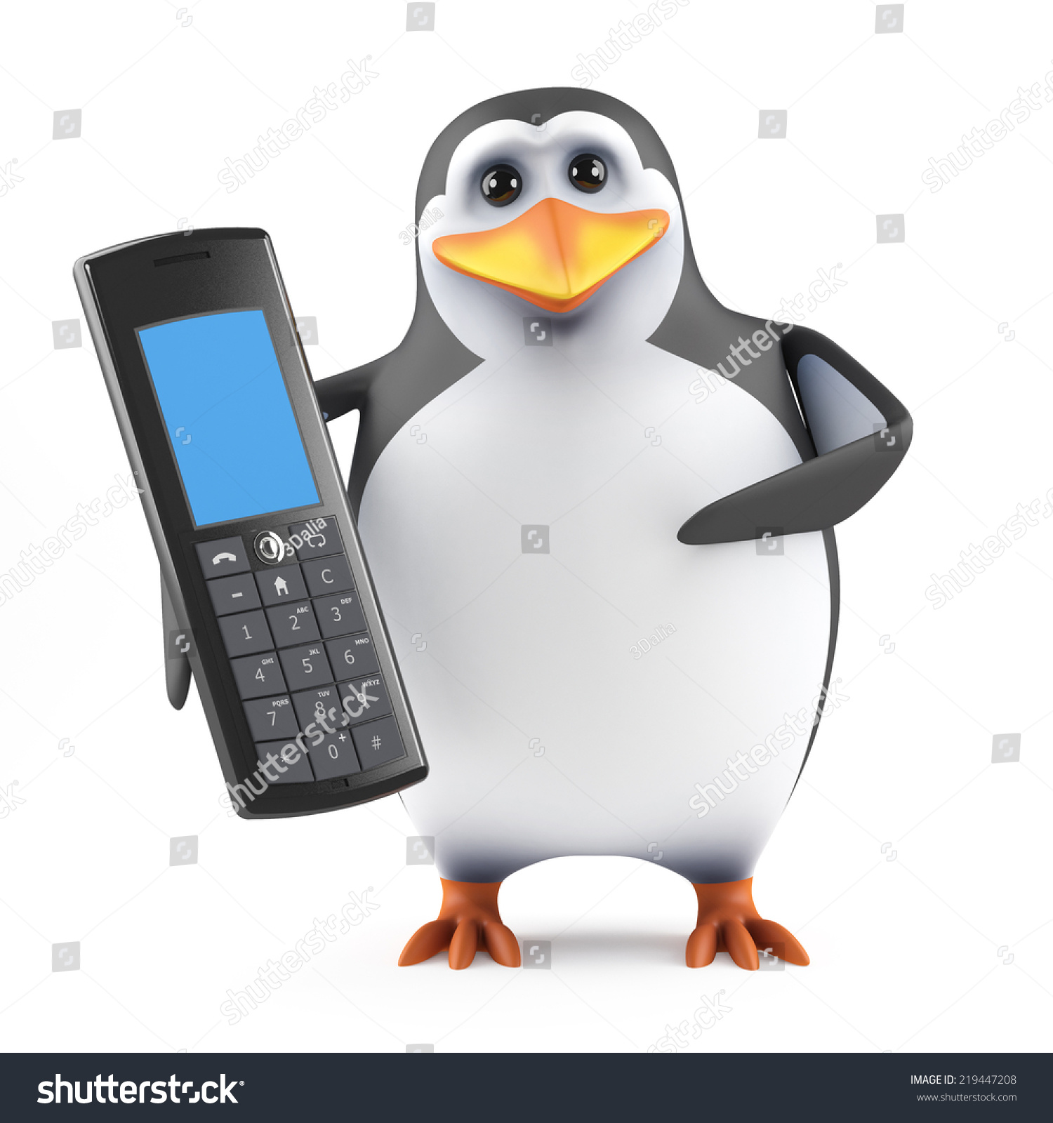 3d render of a penguin holding a mobile phone