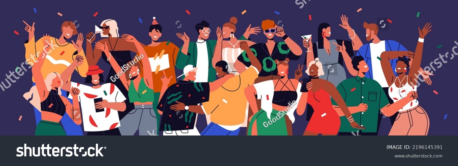 Happy people crowd at holiday party. Friends dancing  having fun together. Young men and women characters group  youth celebrating event with joy. Nightlife concept. Colored flat vector illustration
