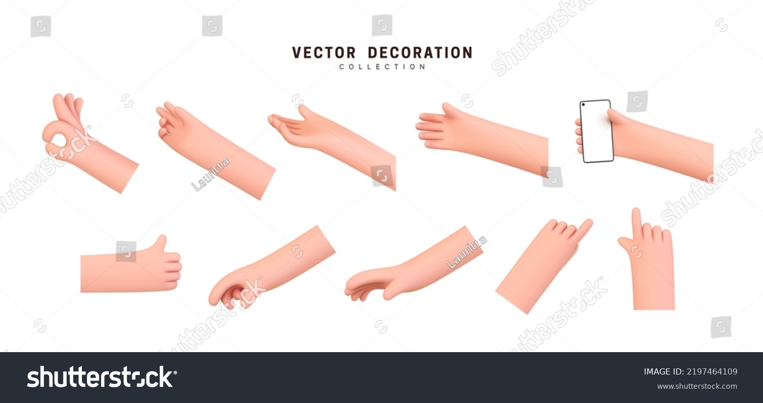 Hands set of realistic 3d design in cartoon style. Hand shows different gestures signs. Vector illustration