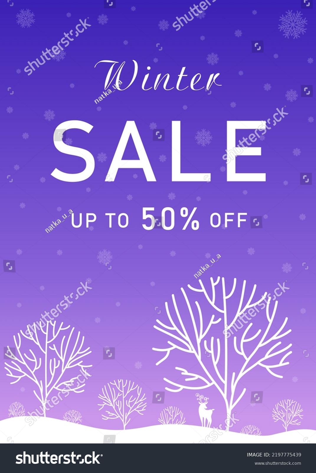 Sale poster with night sky  white silhouettes of trees and deer  snowflakes. Design layout for banner  flyer  discount  coupon. Festive vector illustration.