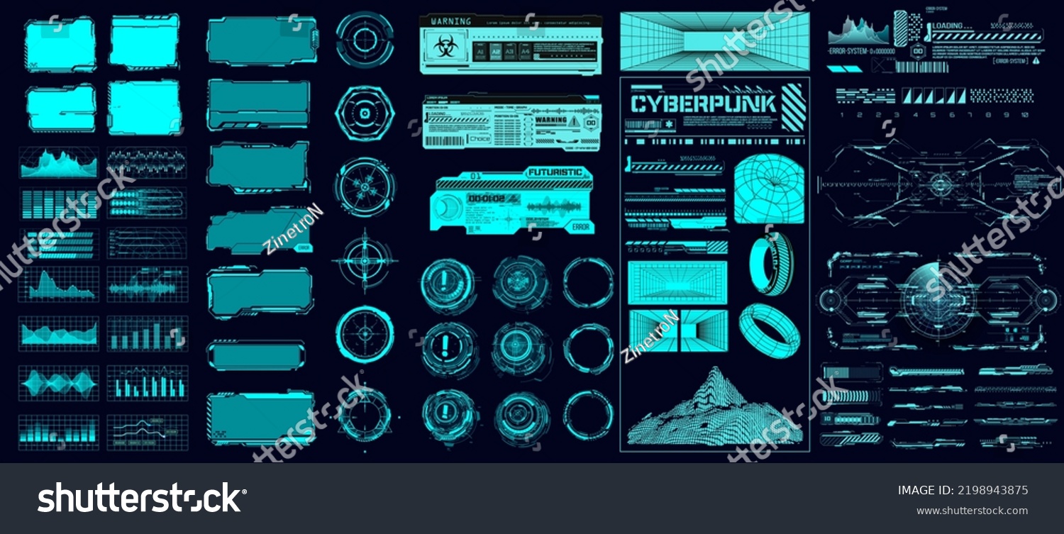 Collection Sci-fi digital interface HUD elements mega set pack. User Interface  frame screens. Blue Callouts titles  FULL circle set  Loading bars. Dashboard display virtual reality technology screen.