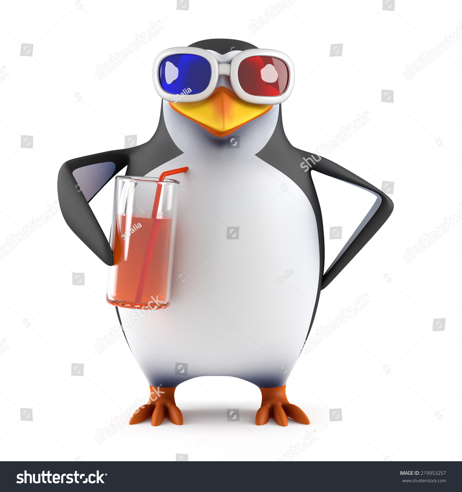 3d render of a penguin in 3d glasses drinking from a glass