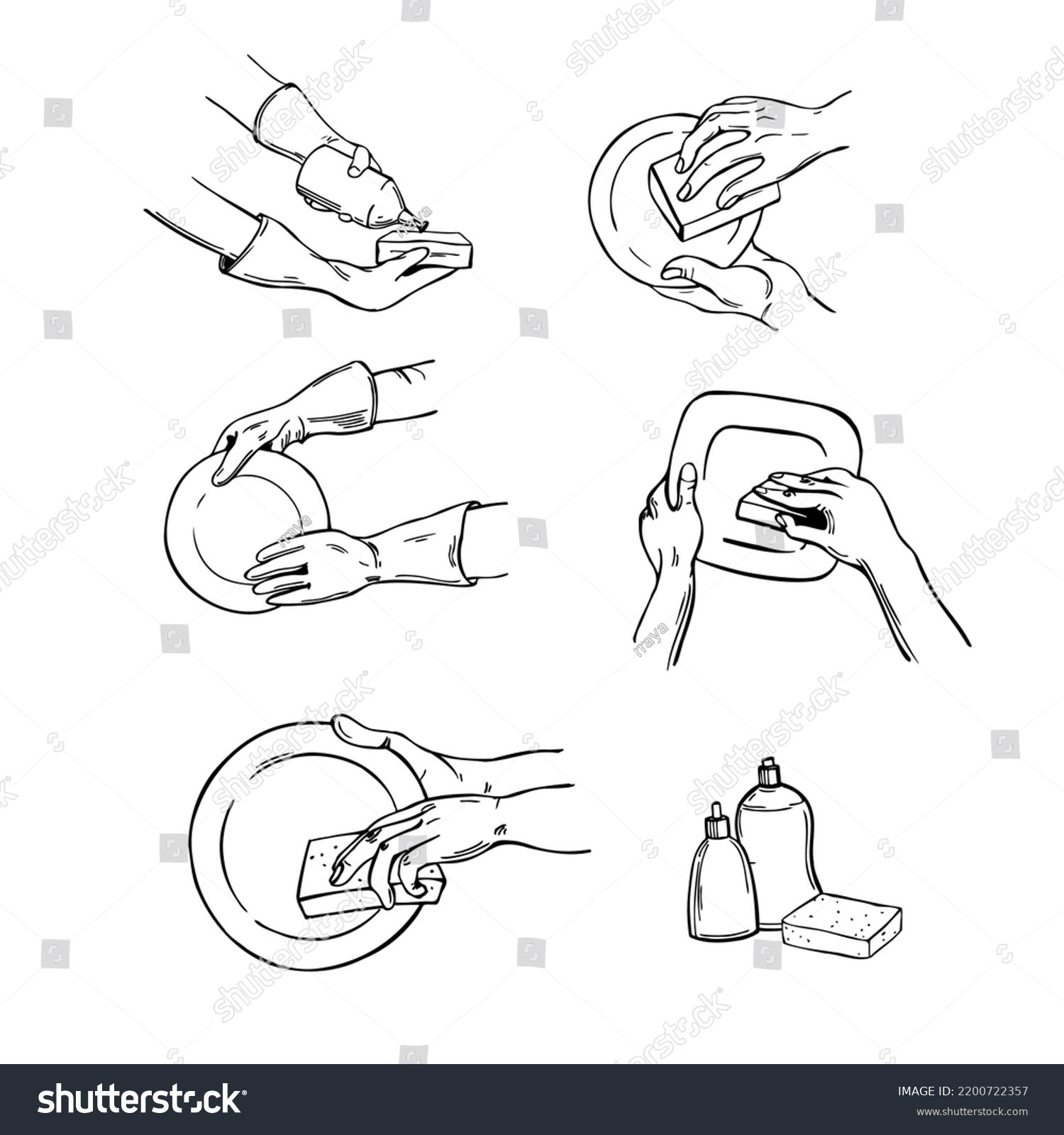 hand-drawn hands washing dishes.vector sketch