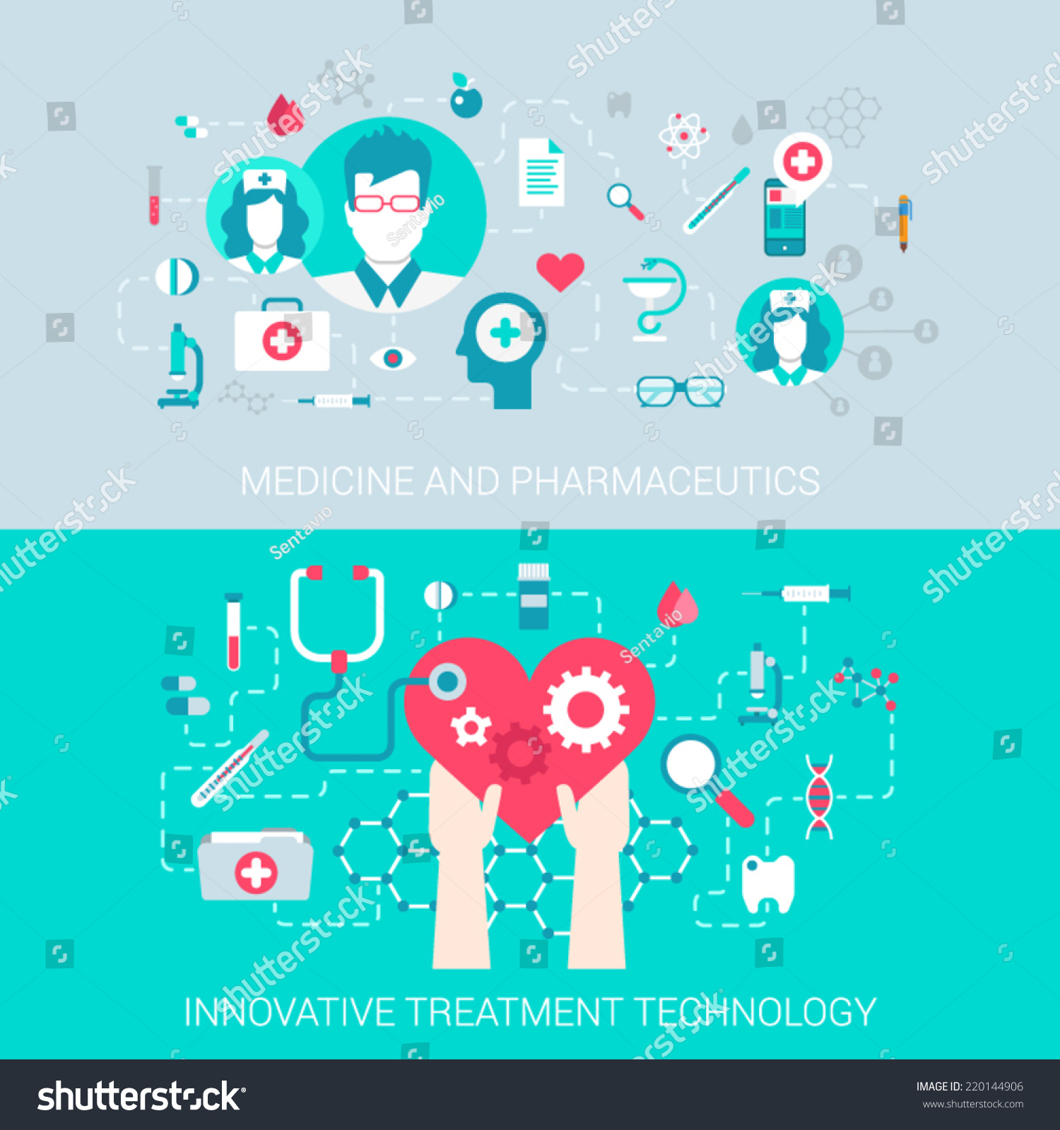 Medicine pharmaceutics modern technology treatment concept flat icons set of  process collage and vector web banners illustration print materials website click infographics elements collection