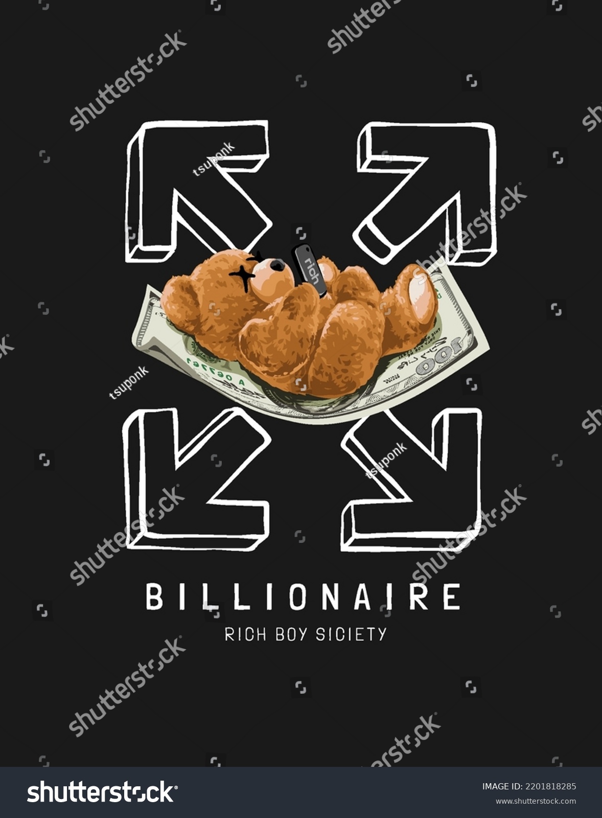 billionaire slogan with bear doll lying on banknote vector illustration on black background