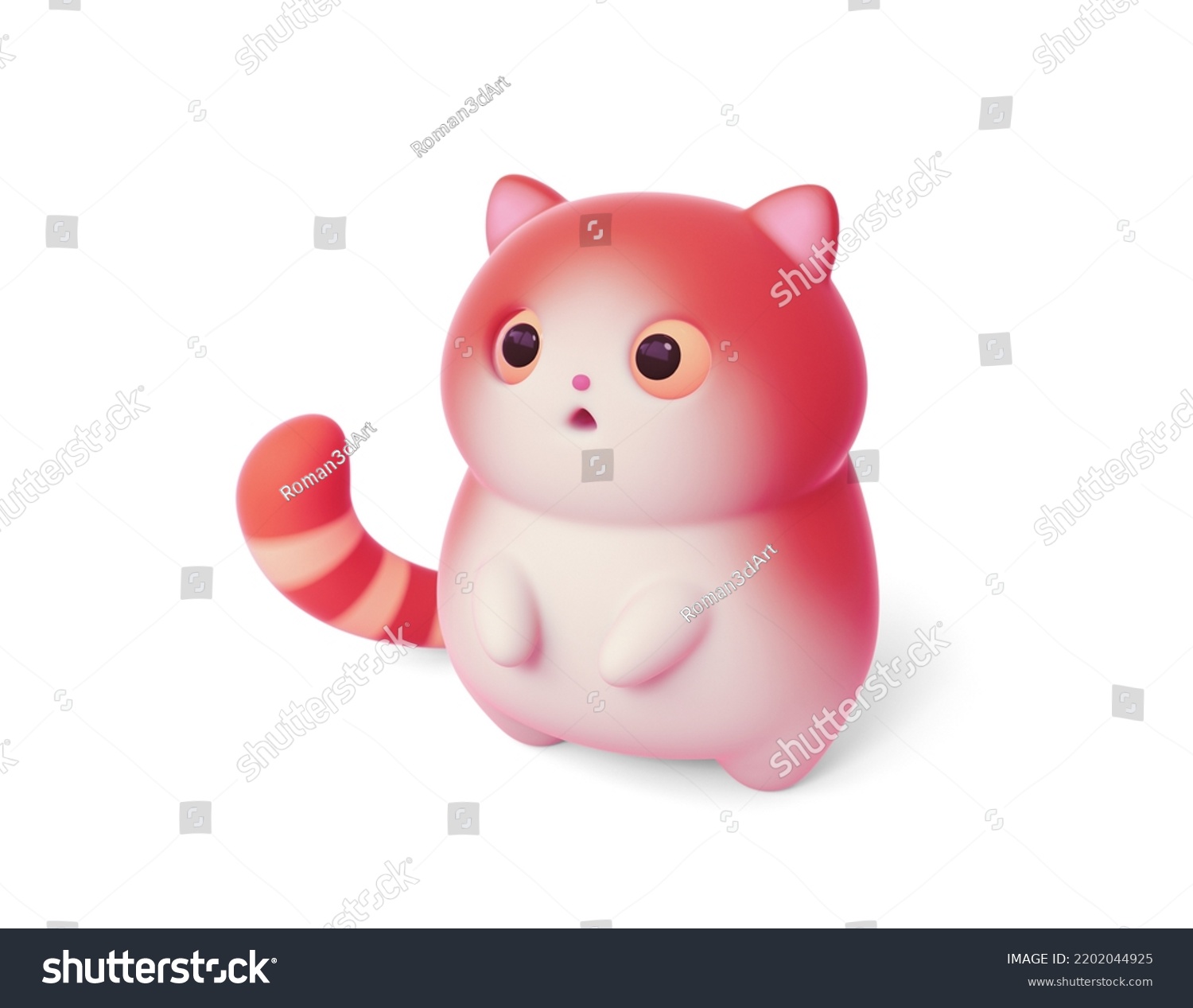 Surprised little kawaii red cat with open mouth and big orange eyes stands on its hind legs. Cartoon fluffy funny cute fat cat with white belly and a striped tail. 3d render isolated on white backdrop