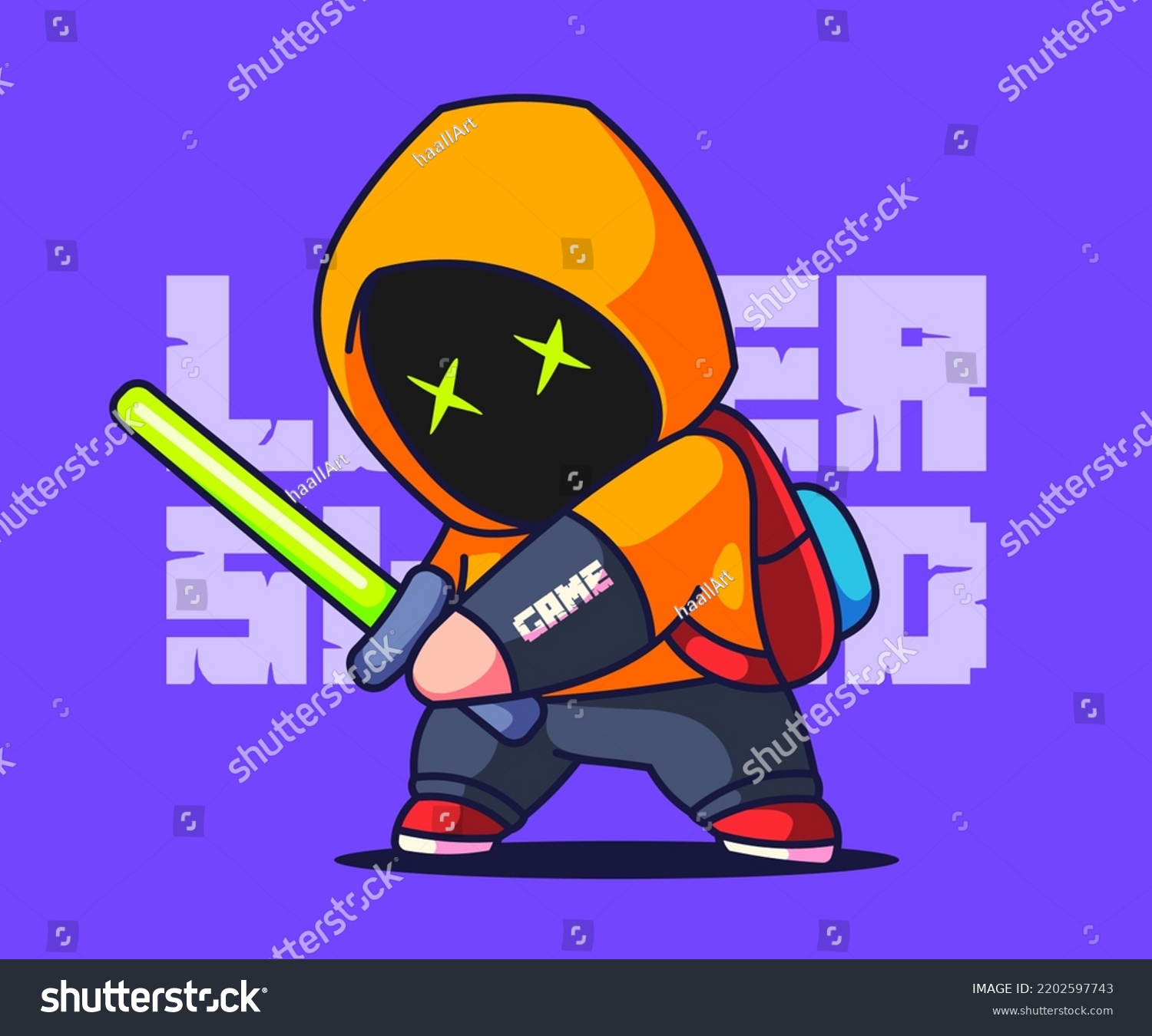 Cute Boy Playing Game with laser sword Illustration Robot Cartoon Vector Icon.