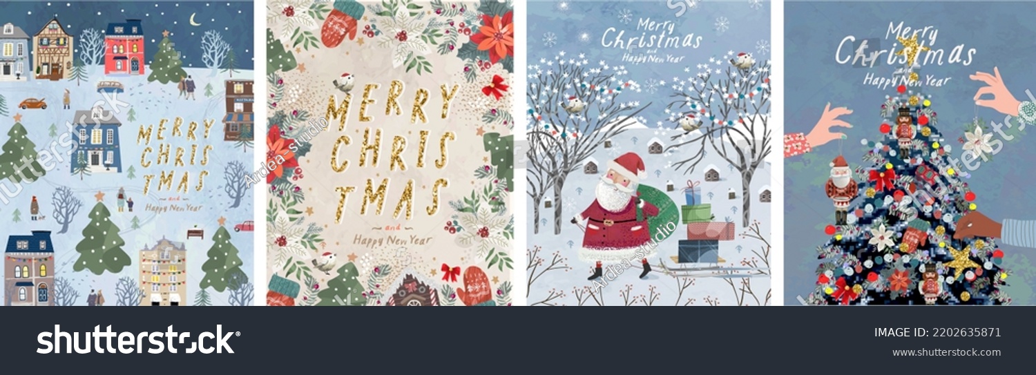 Merry Christmas and Happy New Year. Vector illustrations of Santa Claus  winter forest  city street  frame and Christmas tree decoration for postcard  card or invitation