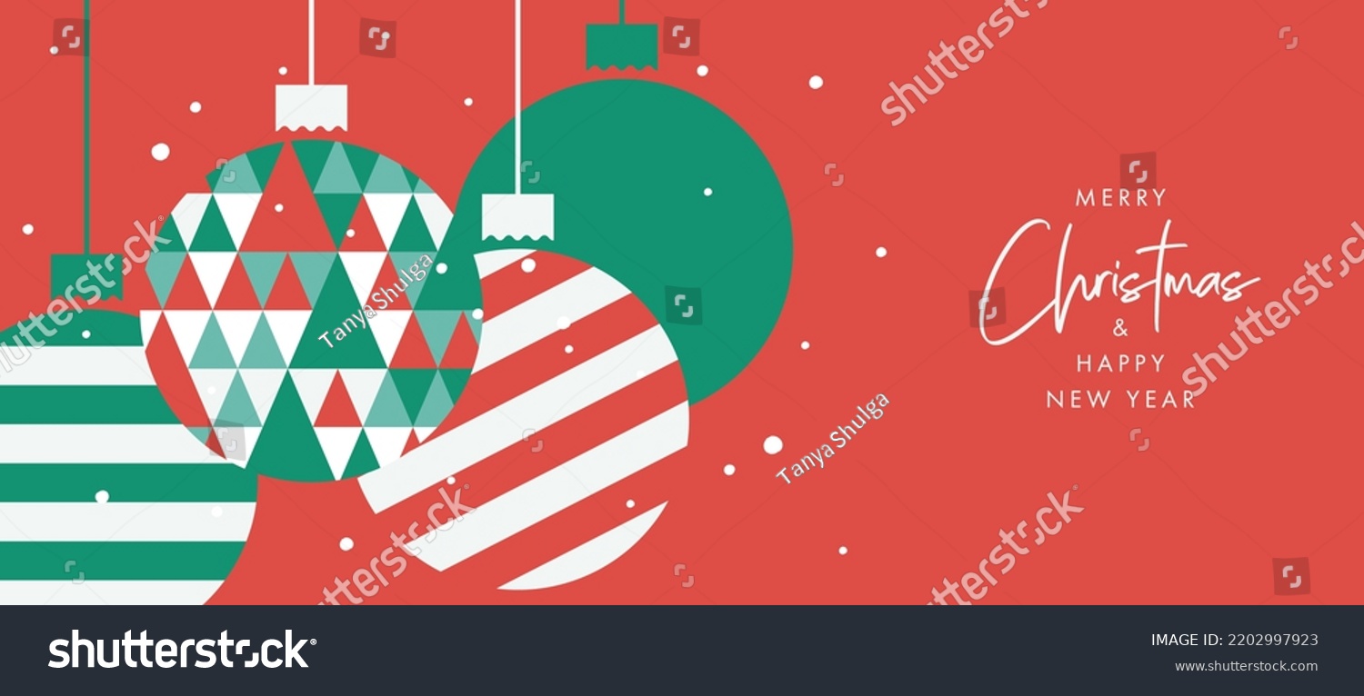 Merry Christmas and Happy New Year banner  greeting card  poster  holiday cover  header. Modern Xmas design with triangle firs pattern in green  red  white colors. Christmas tree and balls decoration